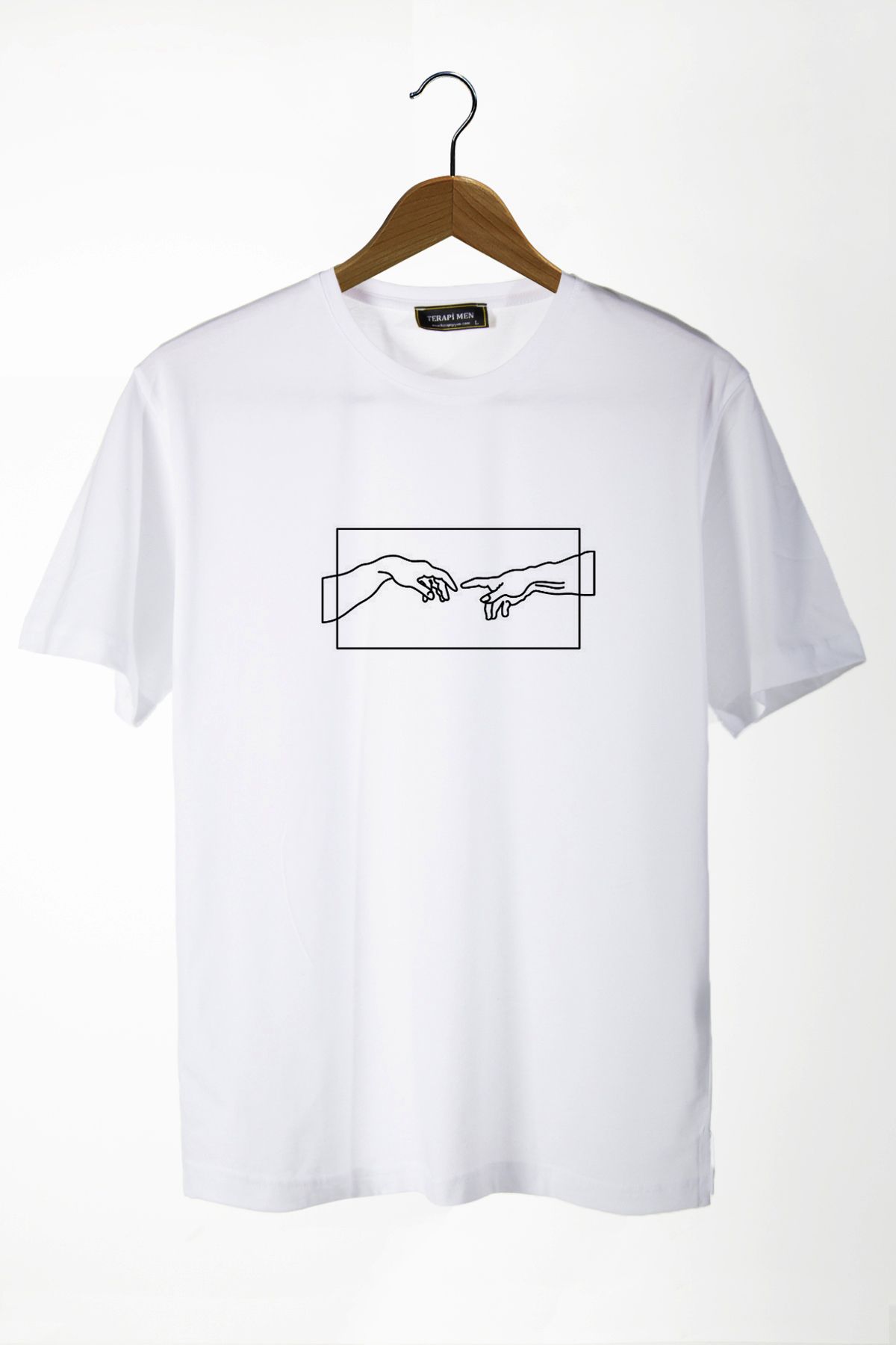 Terapi Men Unisex Beyaz Önü Adem’in Yaratılışı El Baskılı Bisiklet Yaka Oversize Kalıp Basic Pamuklu T-Shirt