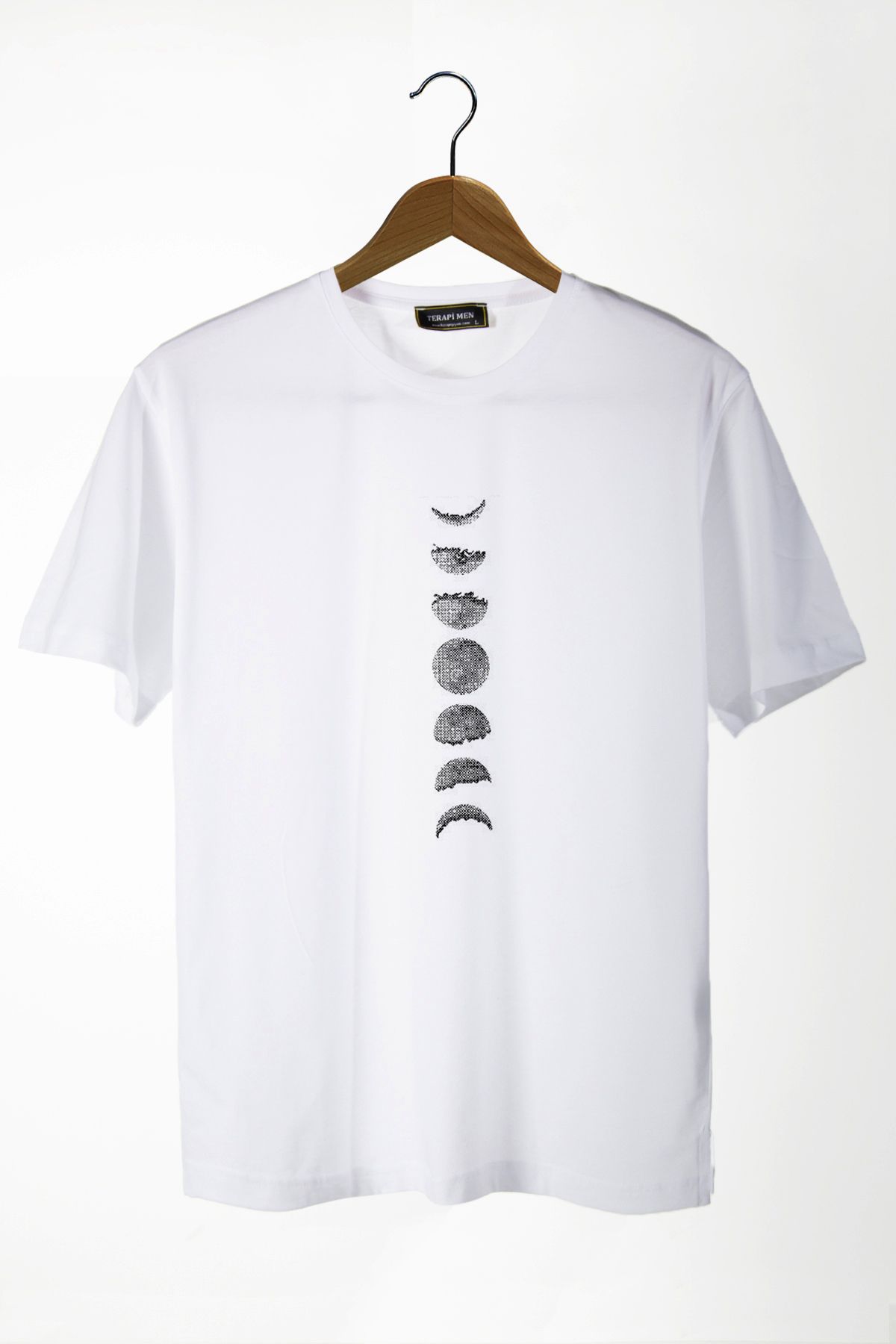 Terapi Men Unisex Beyaz Önü Ay'ın Evreleri Baskılı Bisiklet Yaka Oversize Kalıp Basic Pamuklu T-Shirt