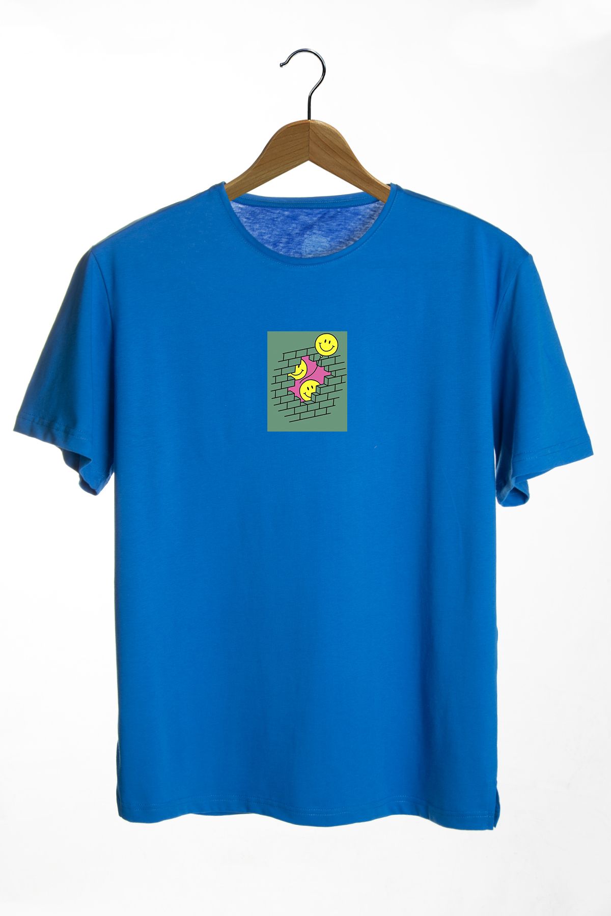 Terapi Men Unisex Mavi Bisiklet Yaka Önü Smiley Baskılı Oversize T-shirt