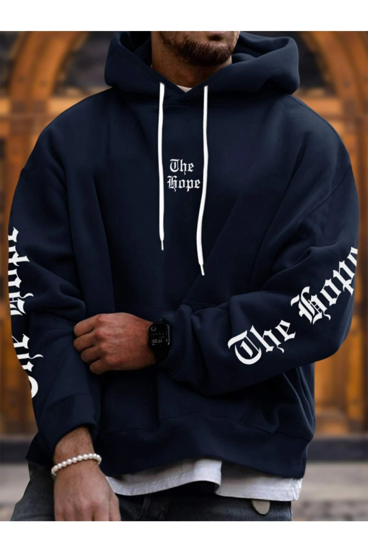 Black Sokak Lacivert The Hope Baskılı Oversize Kapüşonlu Erkek Sweatshirt
