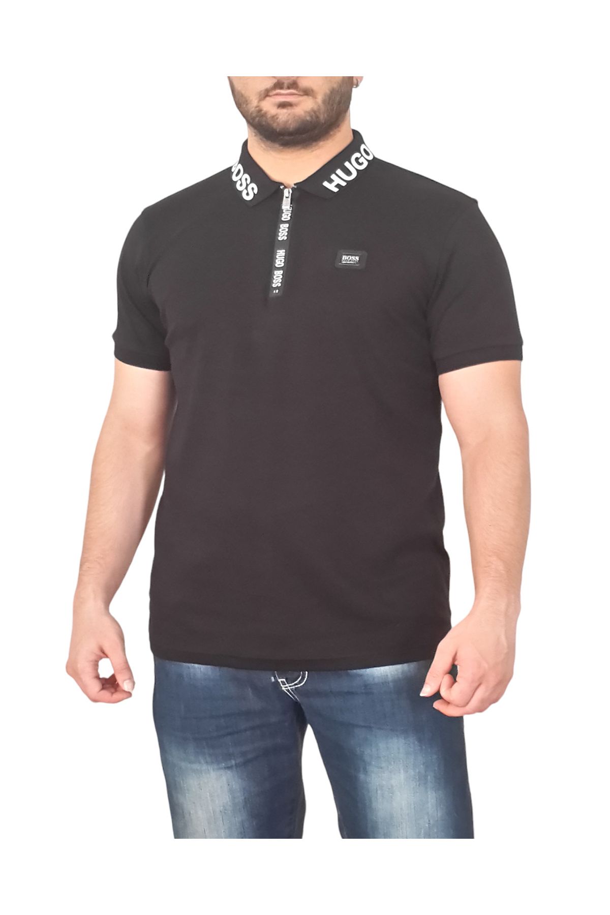 More Erkek Polo Yakalı Yakası Fermuarlı Kısa Kollu Siyah Pamuklu Tişört