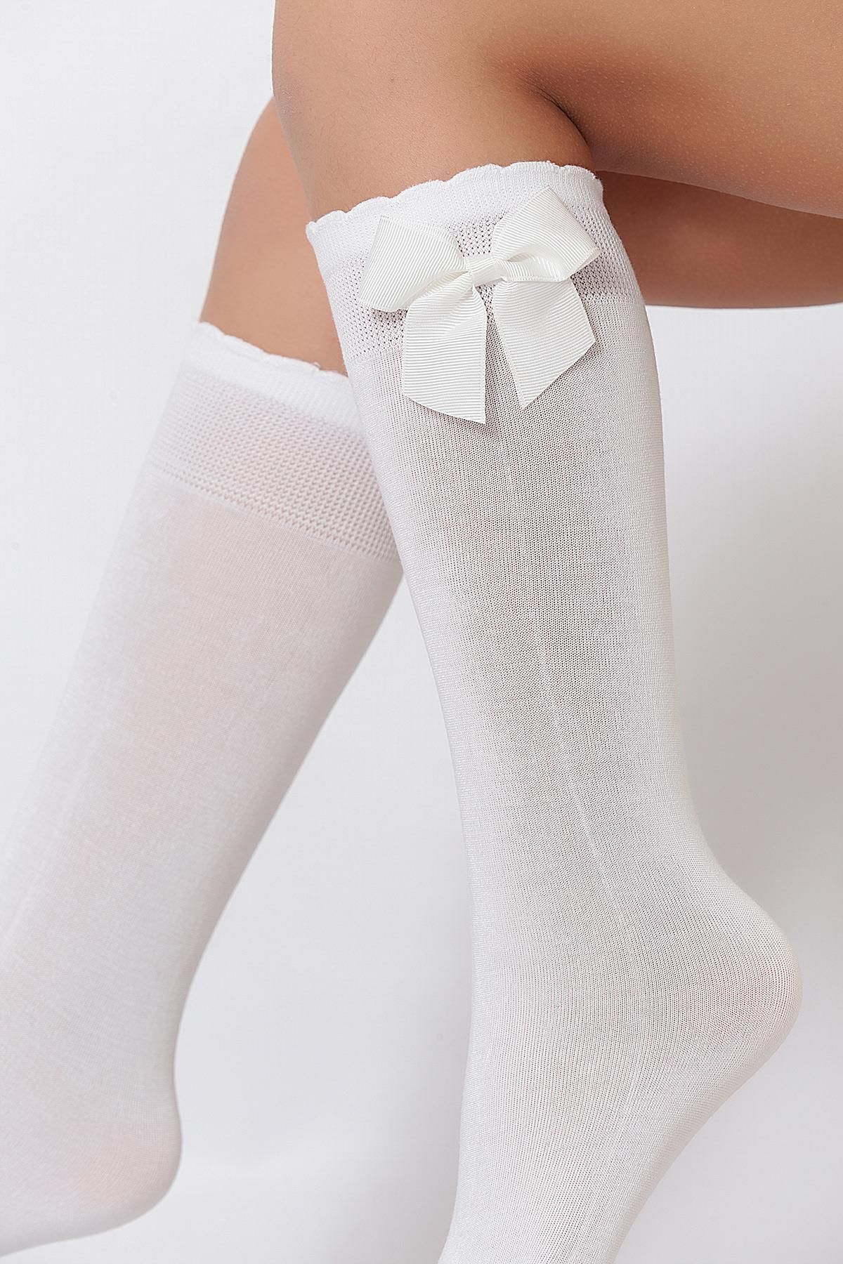 Daymod Kız Çocuk Beyaz Fiyonklu Mus Dizaltı Çorap