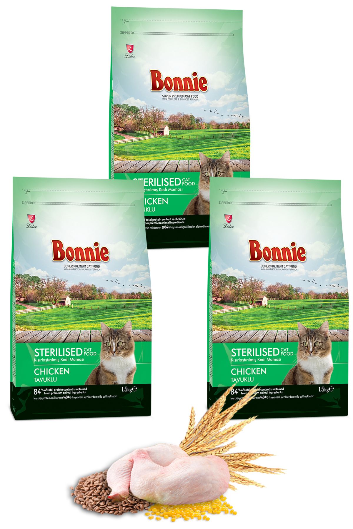 Bonnie Bonnıe Kısırlaştırılmış Tavuklu Kedi Maması 1,5 Kg X 3