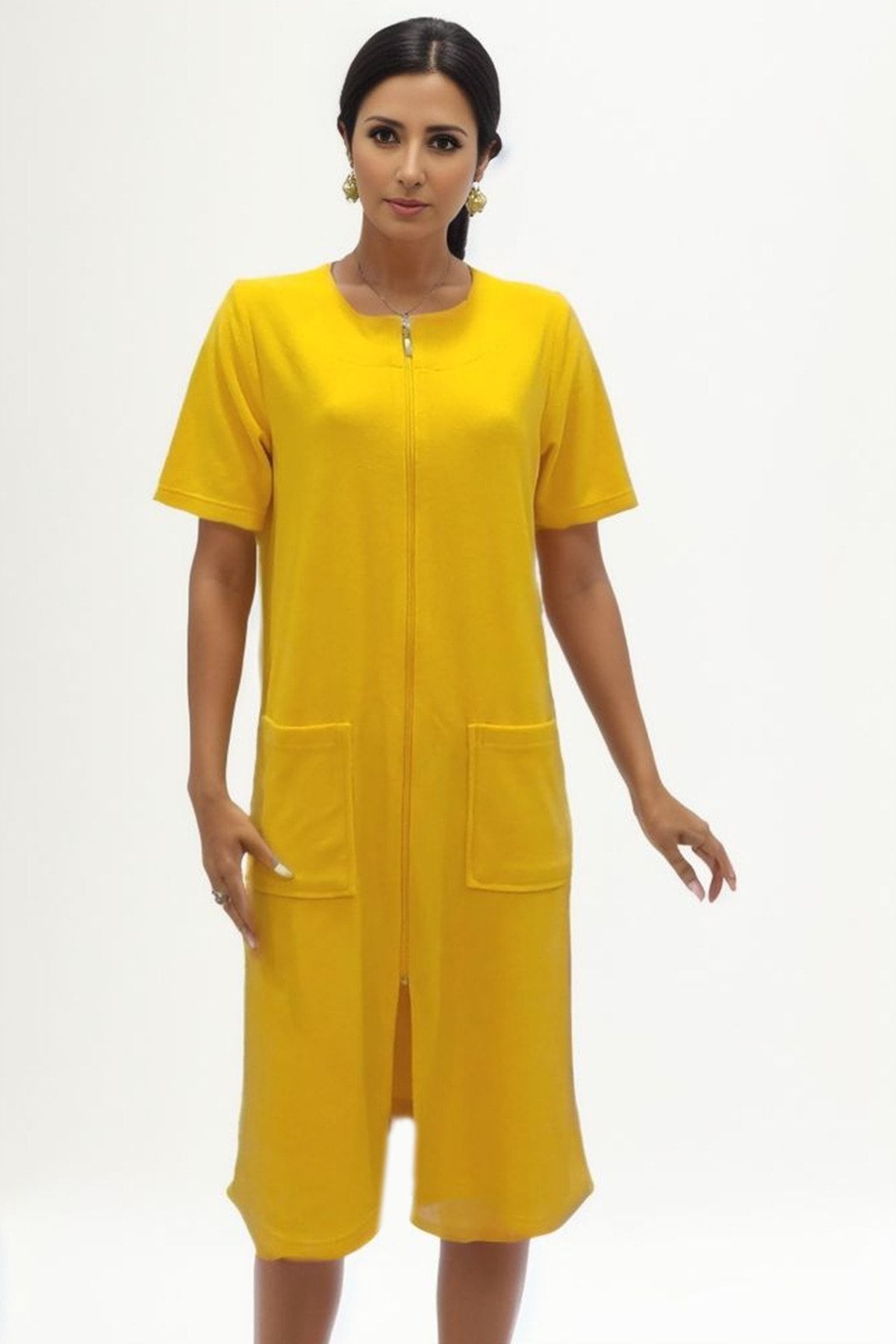 MY STAR HOME Sarı Kadın Kısa Kollu Havlu Elbise Fermuarlı Ev Plaj Hamam Sauna Kıyafeti Pamuklu Deniz Elbisesi