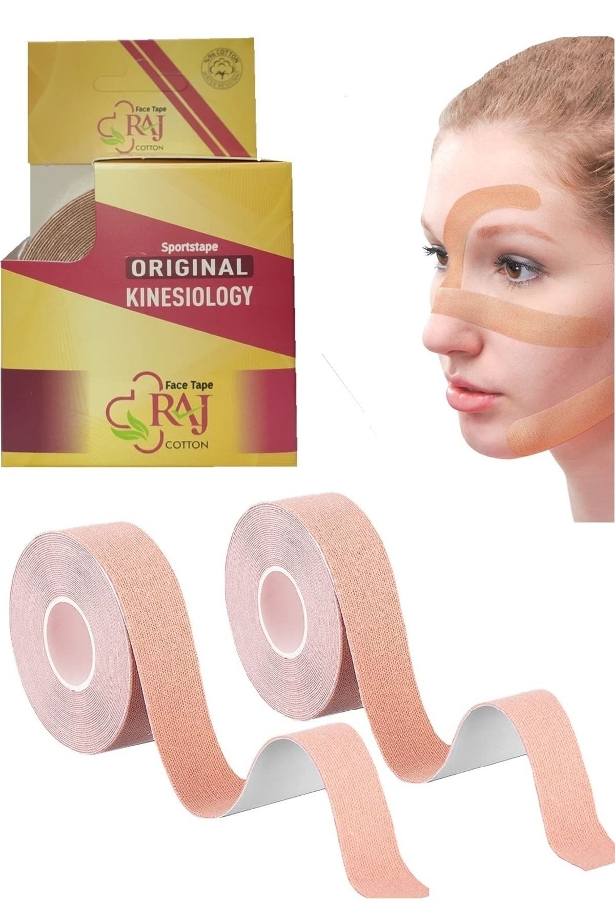 RAJ Kinesiology 2, 5cm X 5mt 2 Adet Tape Yüz Yogası Yüz Bölgesi Için Therapy Cotton Kinesio Face Tape