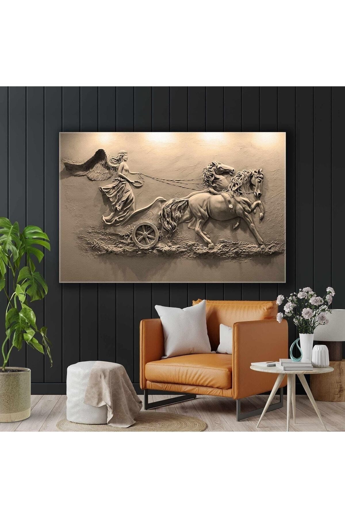 Şehzat At Arabası Süren Kanatlı Melek Sepya Hermes Tanrı Duvar Rölyef Heykel Kanvas Tablo