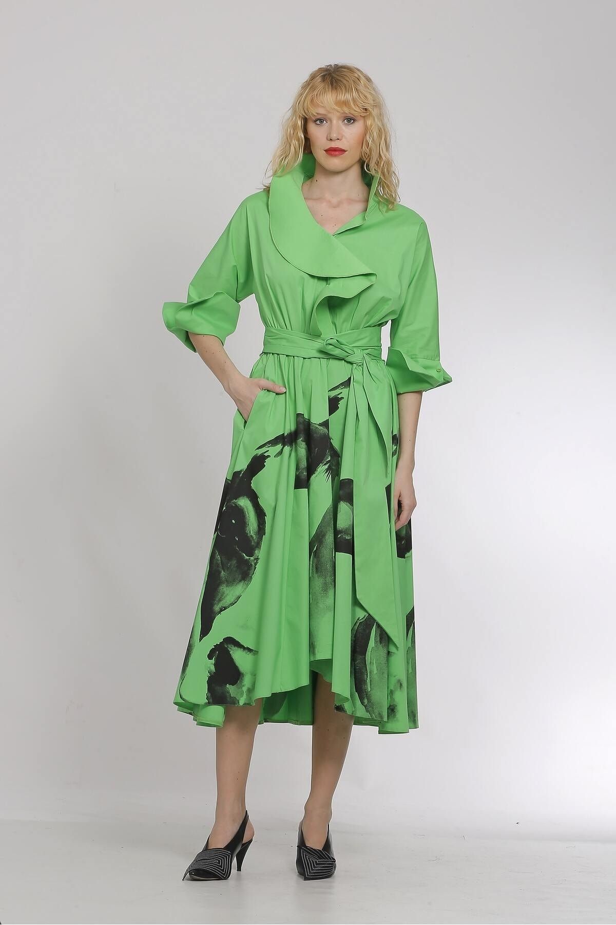 BİZE Yakası Fırfırlı Belden Bağlamalı Poplin Elbise-Elma Yeşili