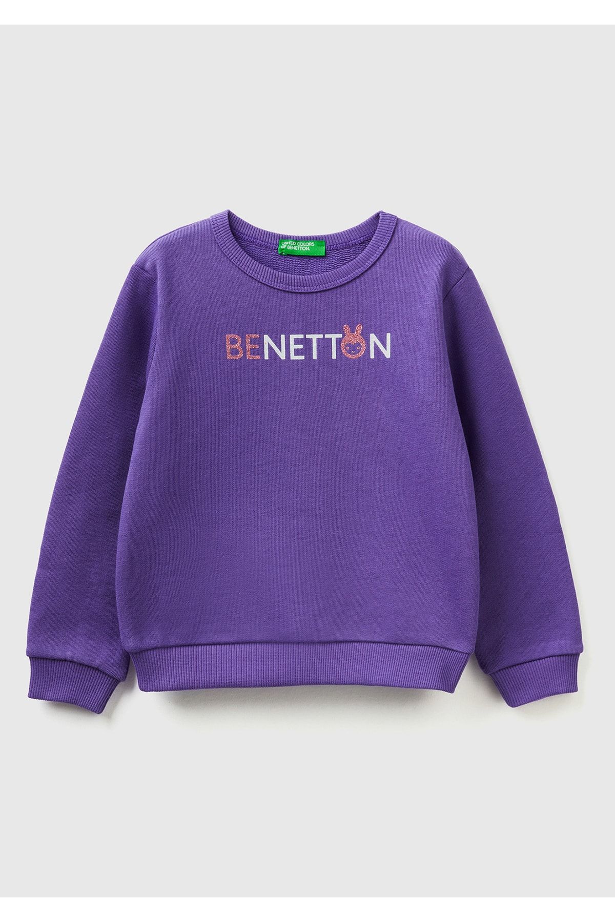 United Colors of Benetton Kız Çocuk 30F Slogan Baskılı Renk Bloklu Sweatshirt Mor