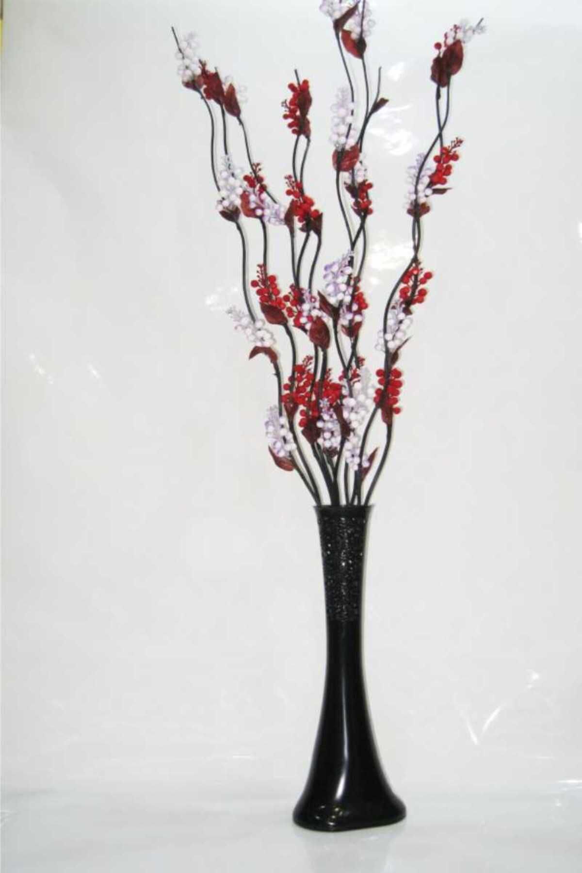 M3DECORİUM 60 Cm Desenli Uzun Siyah Vazo 10 Adet Kırmızı Mor Üzüm