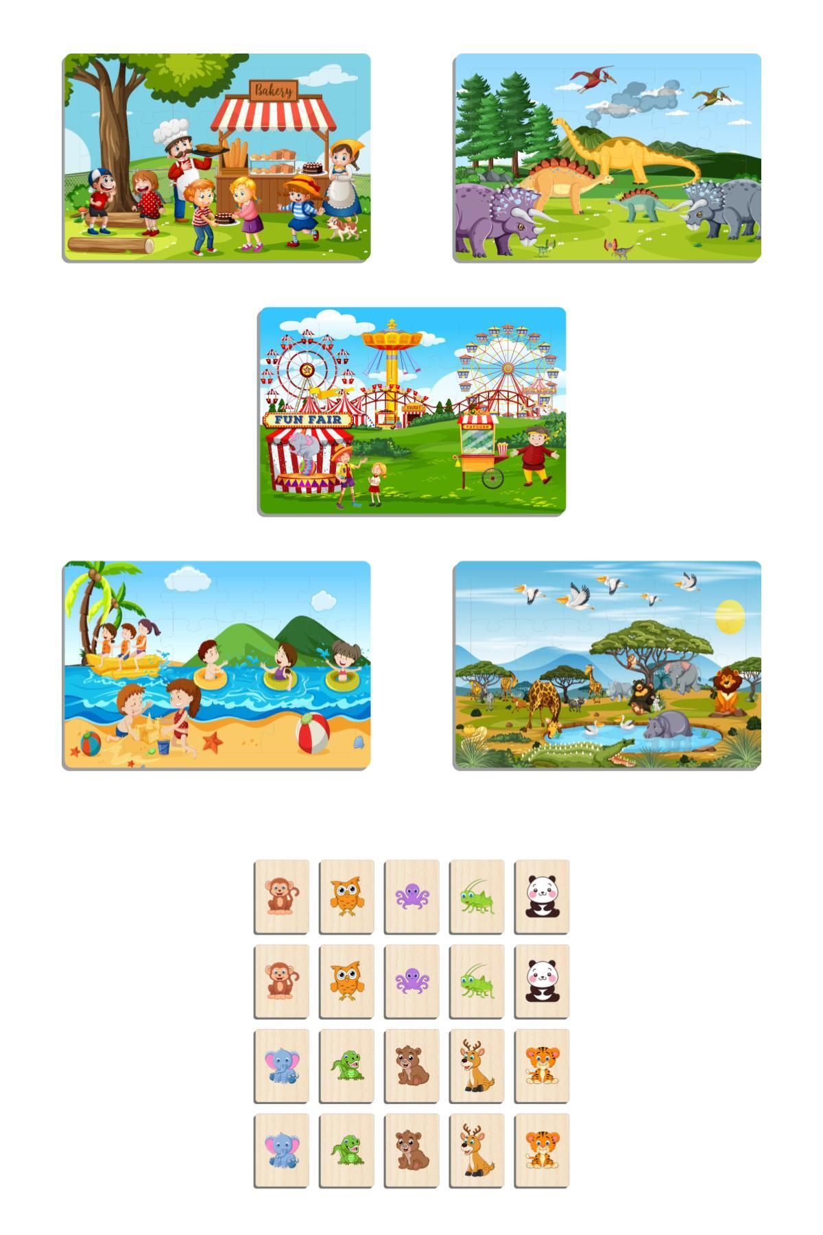 Ahtek Ahşap Çocuk Yapboz Puzzle Seti 5’li  Eşleştirme Oyunu Hafıza Kartları sevimli Vahşi Hayvanlar m1