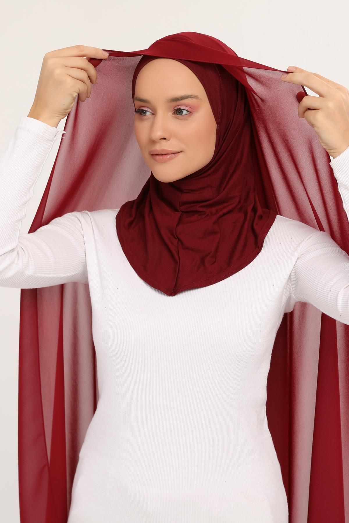 Altobeh Hazır Lüks Pratik Hijablı Şifon Şal Bordo