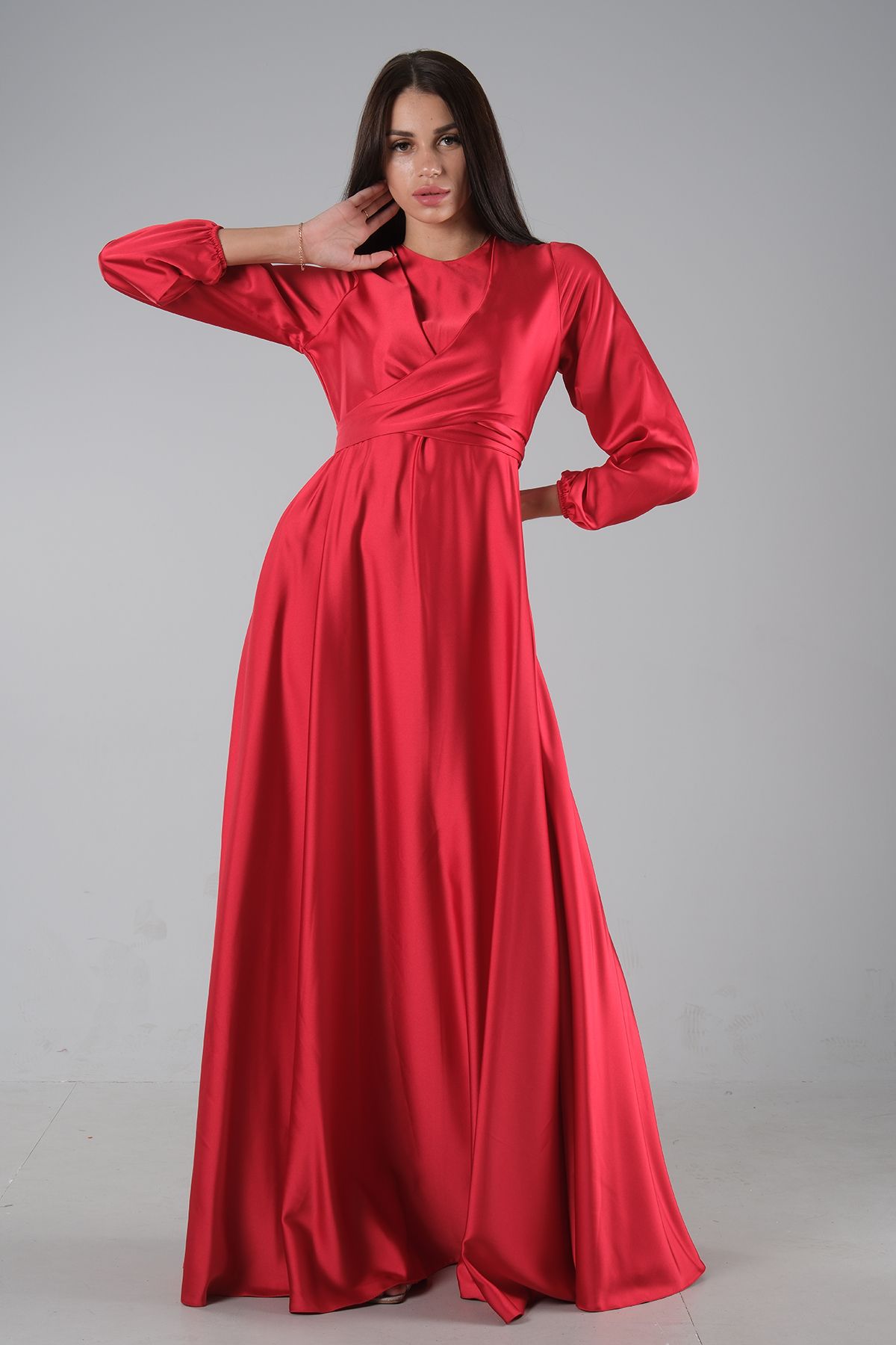Feminist Kruvaze Detaylı Saten Abiye Elbise Kırmızı 4593090