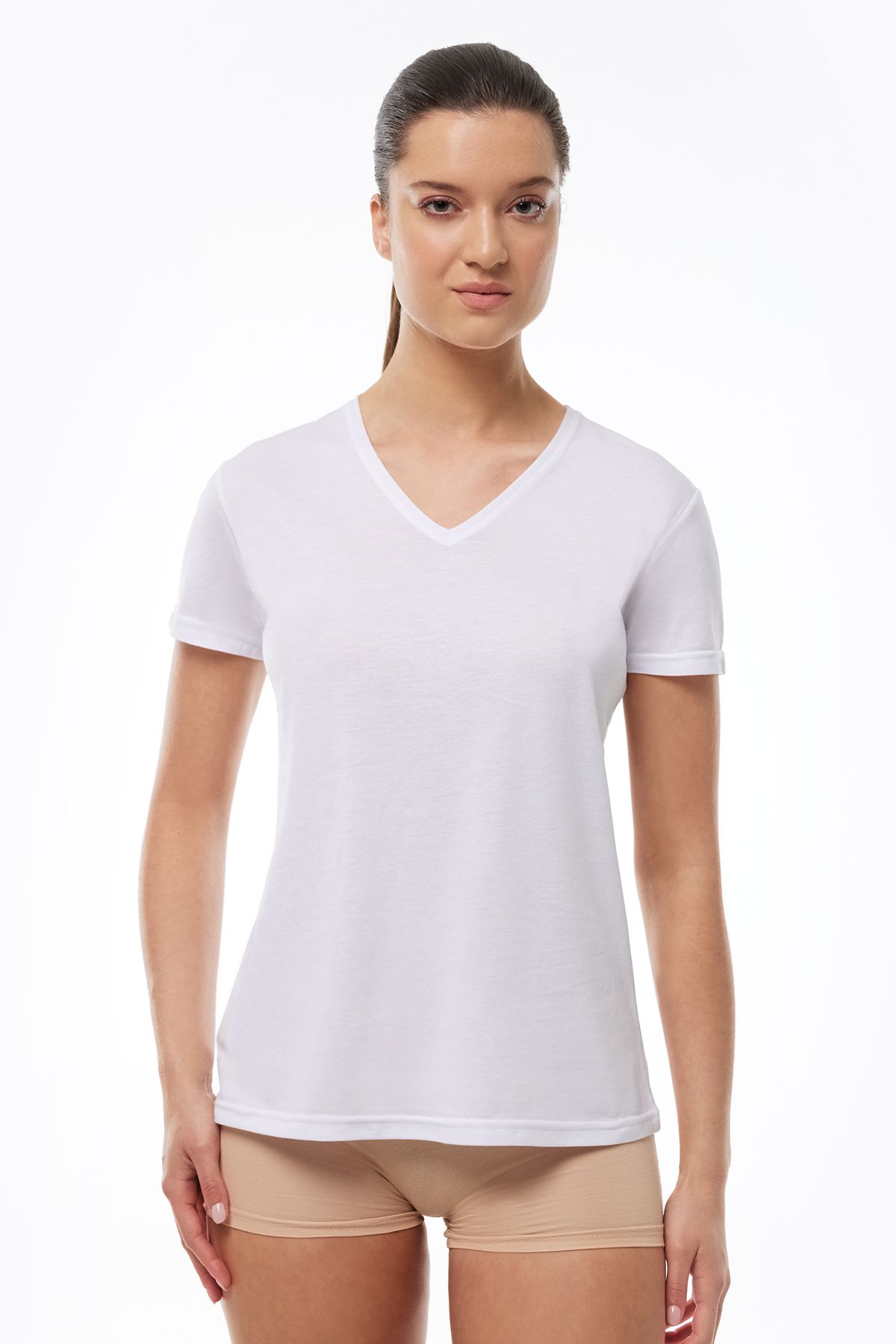 Malabadi Kadın Beyaz Basic V Yaka Ince Modal T-shirt 7051