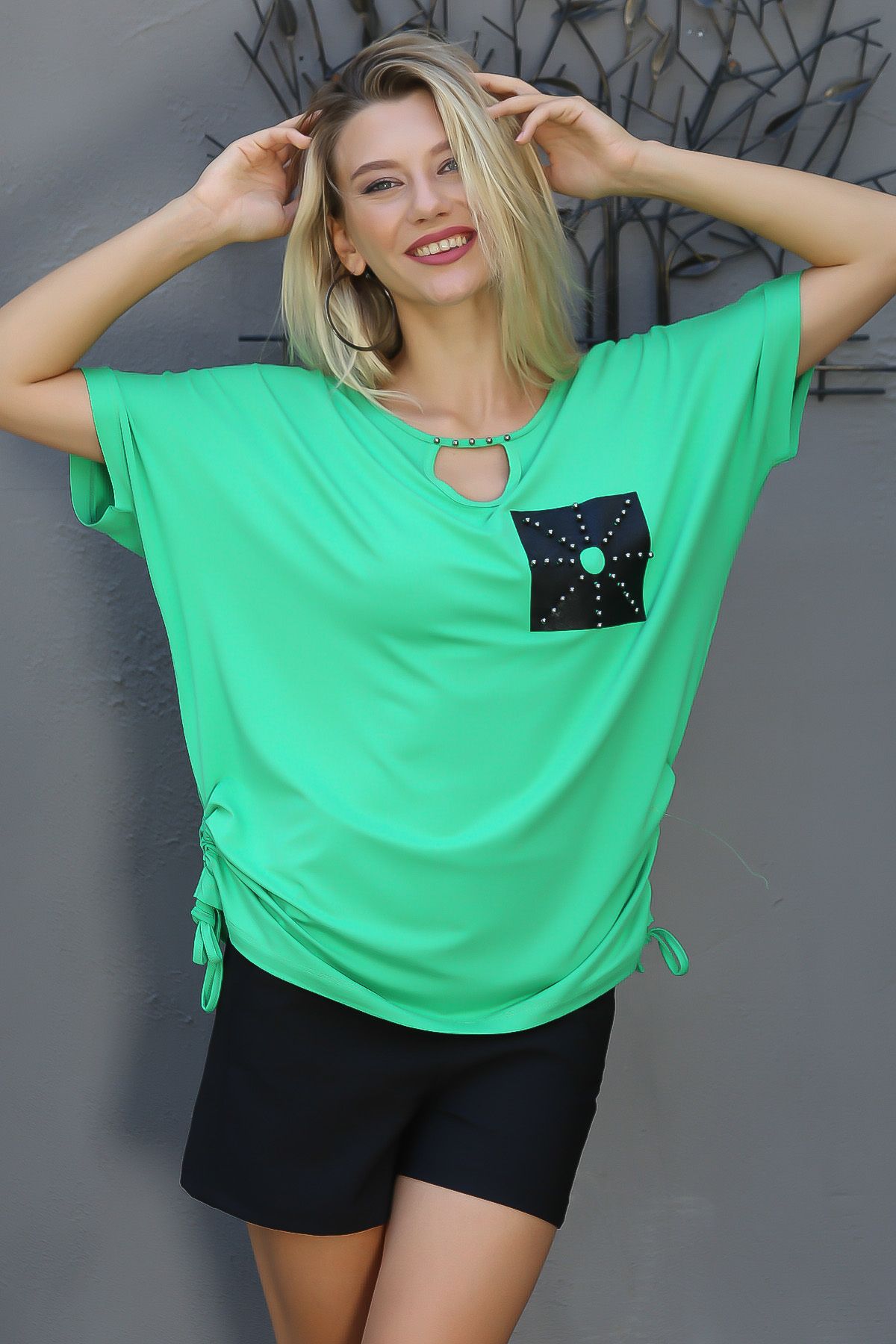 Chiccy Açık Yeşil Yuvarlak Yaka Düşük Kol Düz Renk Örme Bluz