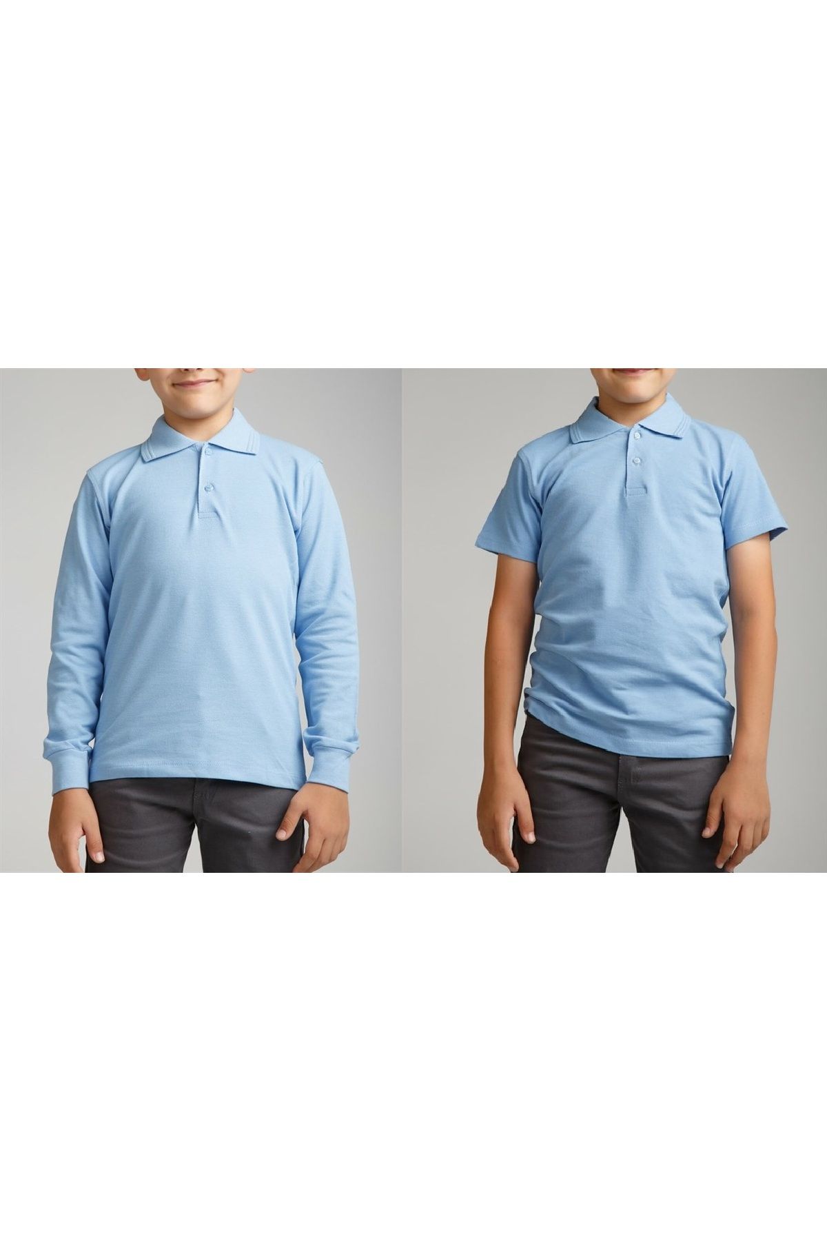 FATELLA Unısex Çocuk Kısa - Uzun Kol Normal Kalıp Polo Yaka Düz Renk Okul Penye Lakost T-shirt 2'li Paket
