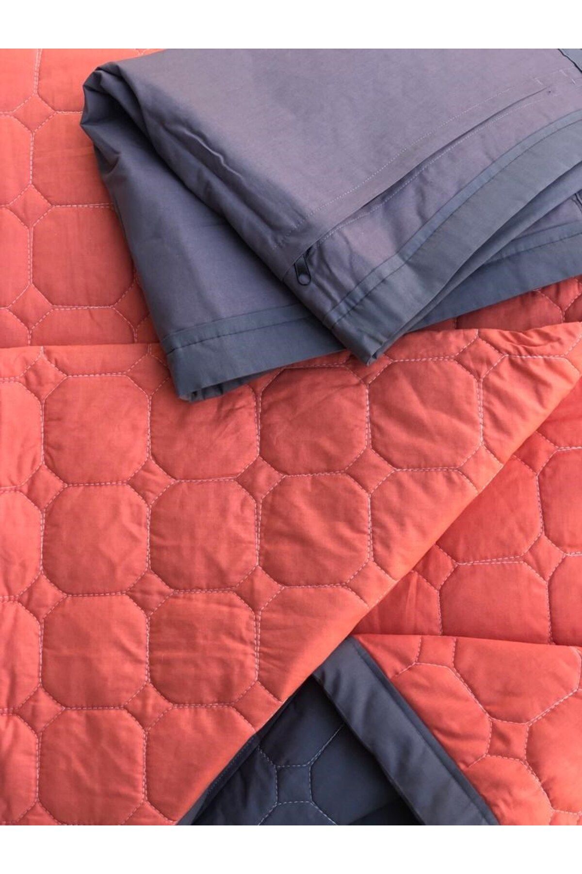 Tly Home Textiles Koyu Gri Ve Kiremit Rengi Çift Kullanımlı Tek Kişilik Yatak Örtüsü