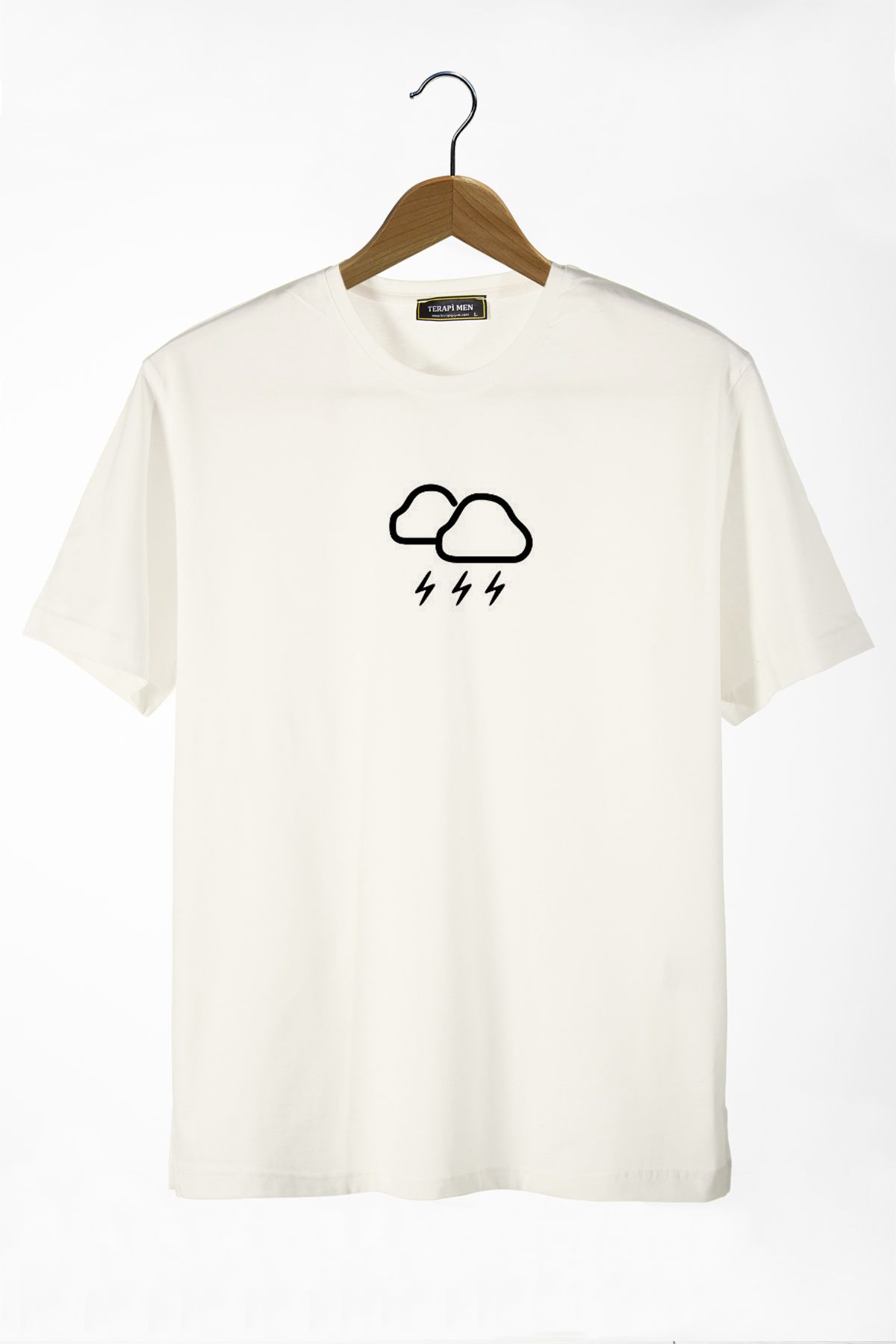 Terapi Men Unisex Ekru Önü Bulut Baskılı Bisiklet Yaka Oversize Kalıp Basic Pamuklu T-Shirt