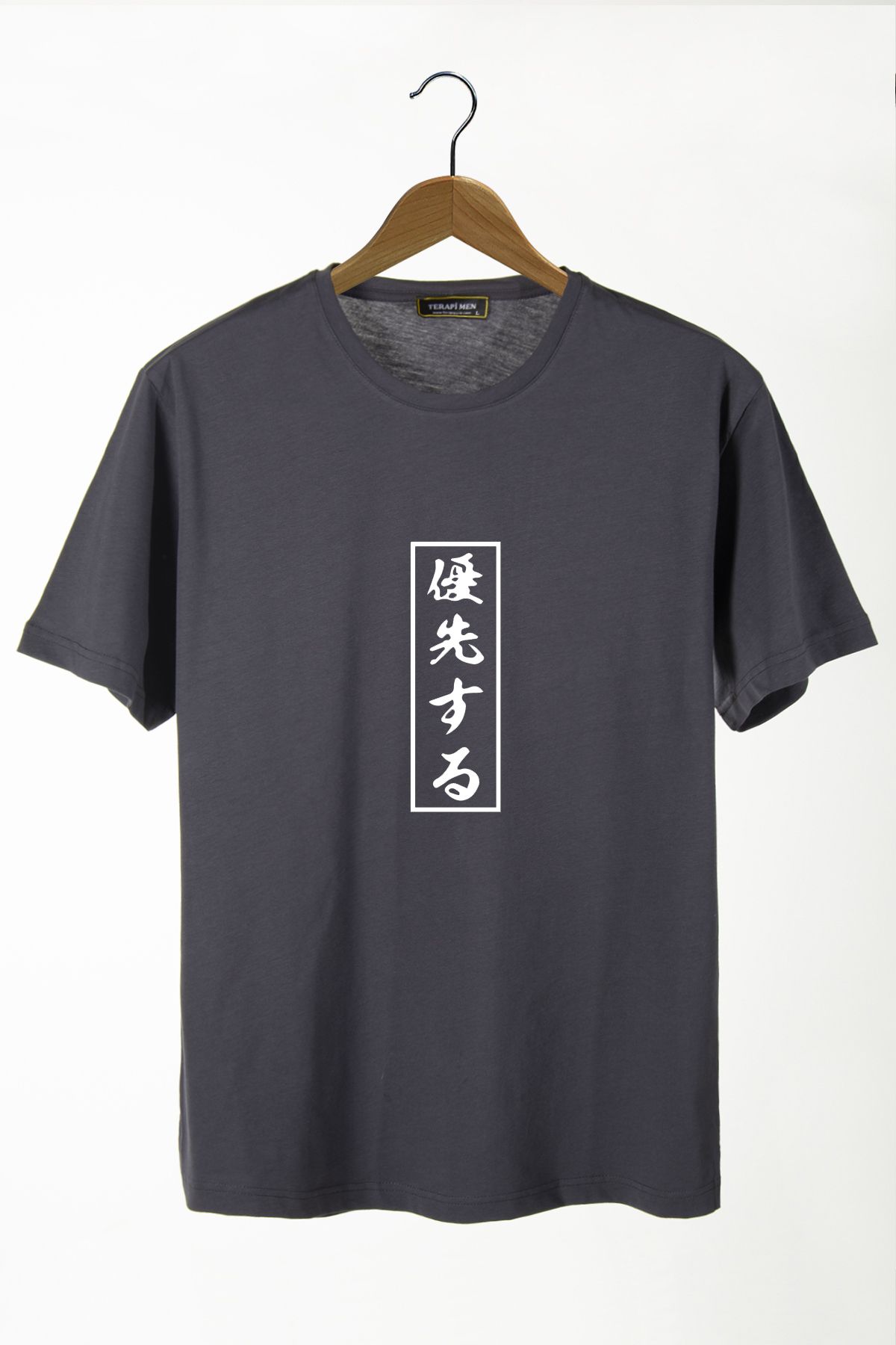 Terapi Men Unisex Antrasit Japonca Harf Baskılı Bisiklet Yaka Oversize Basic Pamuklu T-Shirt