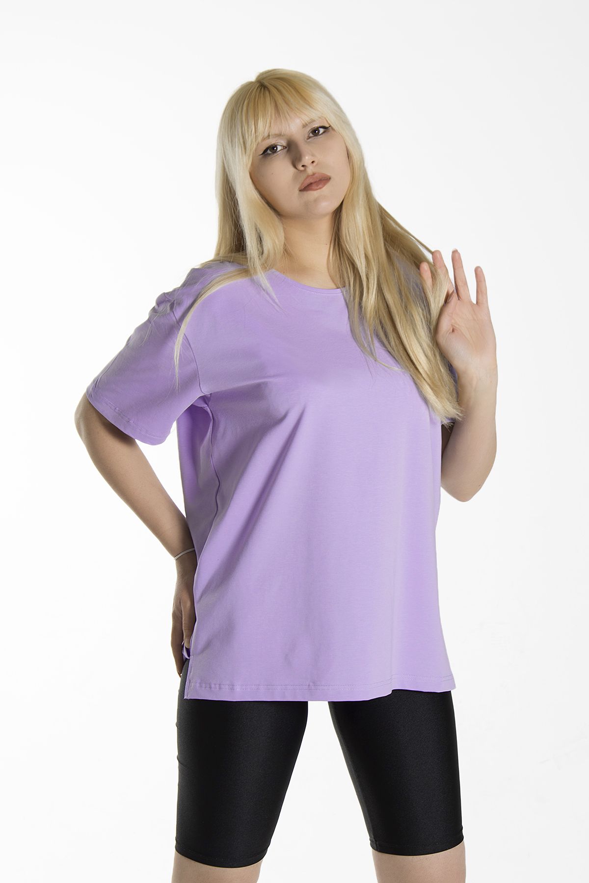 Terapi Men Kadın Açık Mor Basic Bisiklet Yaka Oversize Pamuklu T-shirt