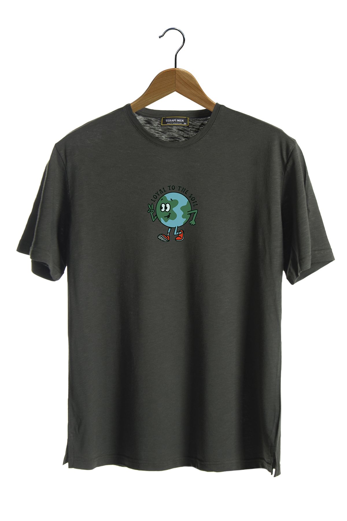 Terapi Men Unisex Koyu Yeşil Bisiklet Yaka Önü Dünya Baskılı Oversize T-shirt