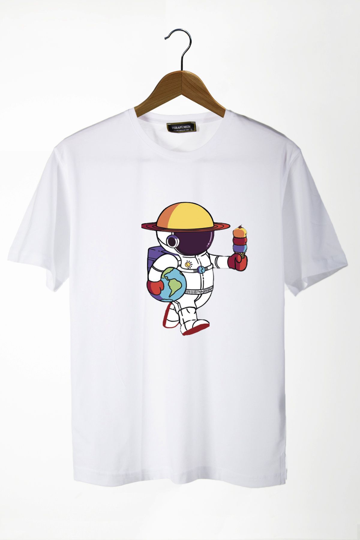 Terapi Men Unisex Beyaz Renkli Astronot Baskılı Bisiklet Yaka Oversize Renkli Basic Pamuklu T-Shirt