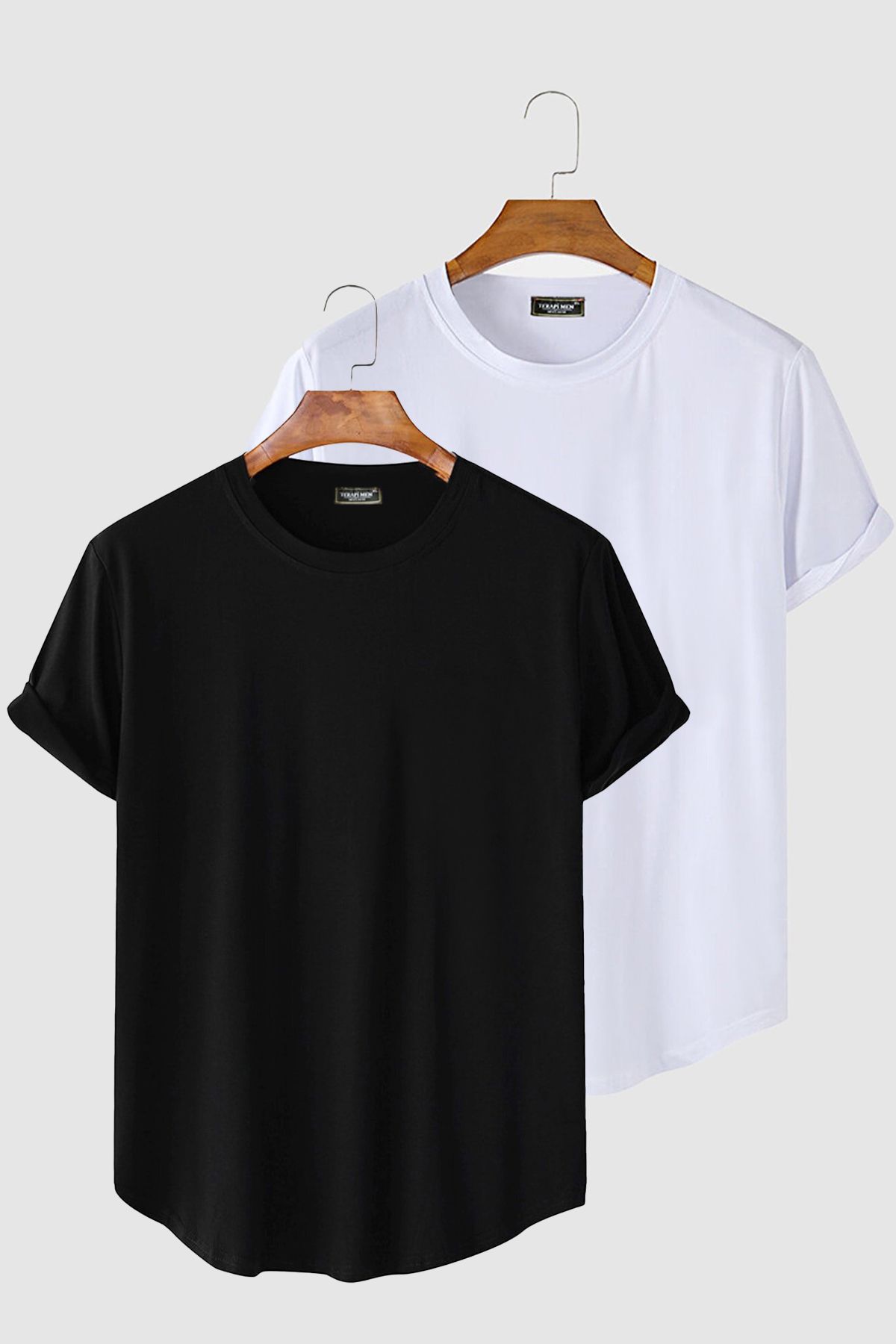 Terapi Men 2'li Erkek Siyah-Beyaz Kolları Katlı Oval Kesim Cepsiz Bisiklet Yaka T-shirt