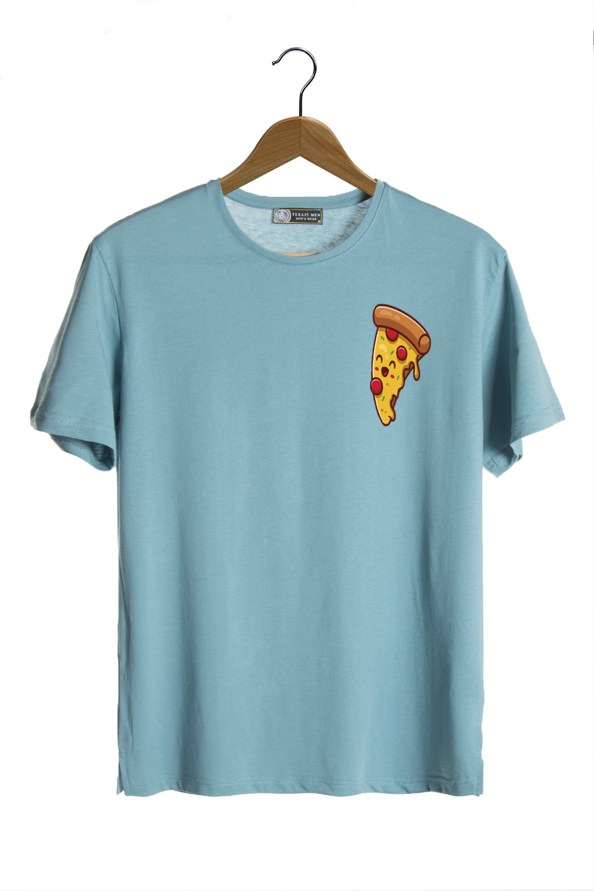 Terapi Men Unisex Turkuaz Bisiklet Yaka Önü Pizza Baskılı Oversize T-shirt