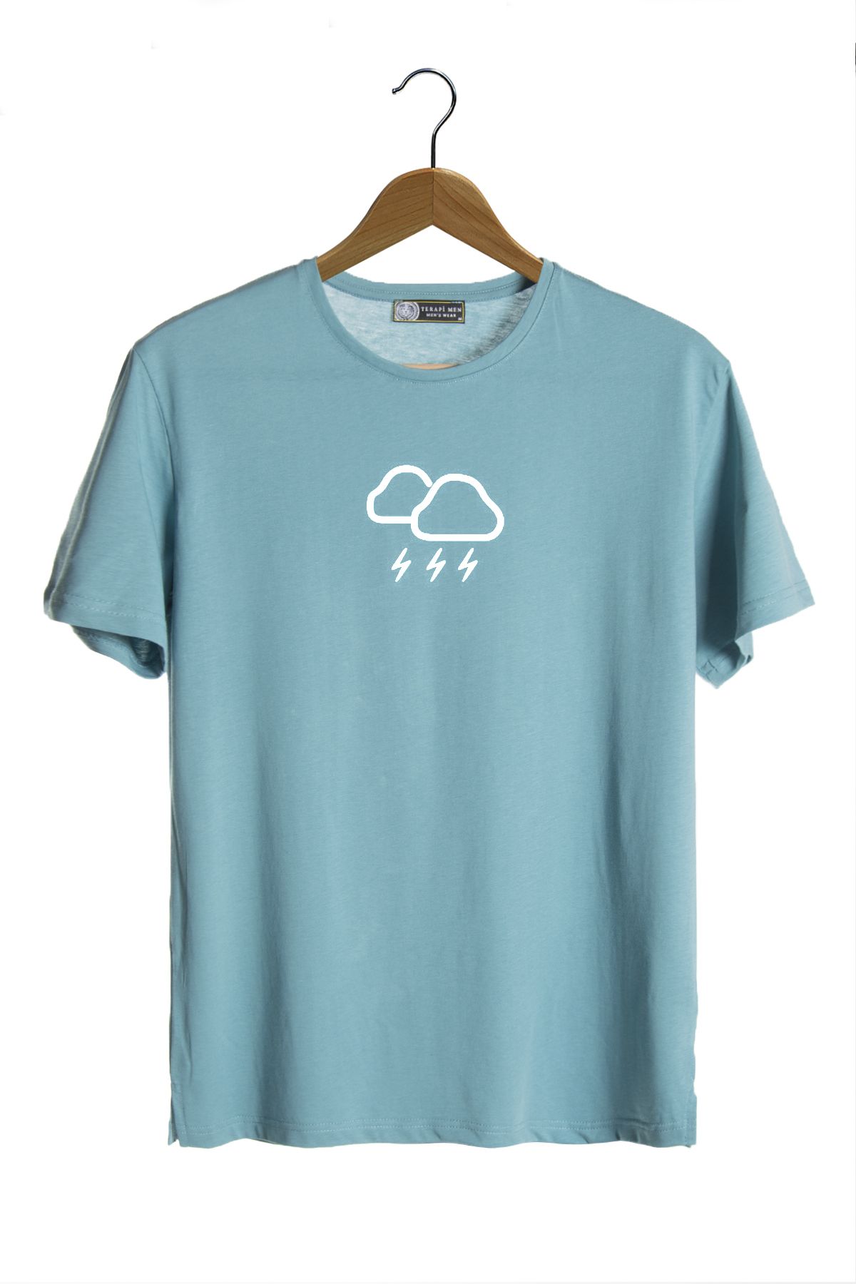 Terapi Men Unisex Turkuaz Bisiklet Yaka Önü Bulut Baskılı Oversize T-shirt