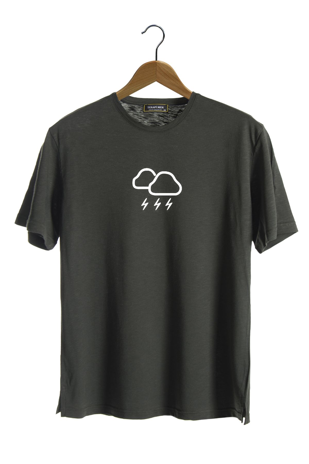 Terapi Men Unisex Koyu Yeşil Bisiklet Yaka Önü Bulut Baskılı Oversize T-shirt