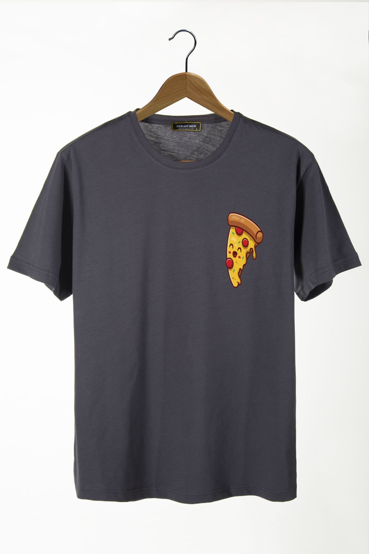 Terapi Men Unisex Antrasit Önü Pizza Dilimi Baskılı Bisiklet Yaka Oversize Kalıp Basic Pamuklu T-Shirt