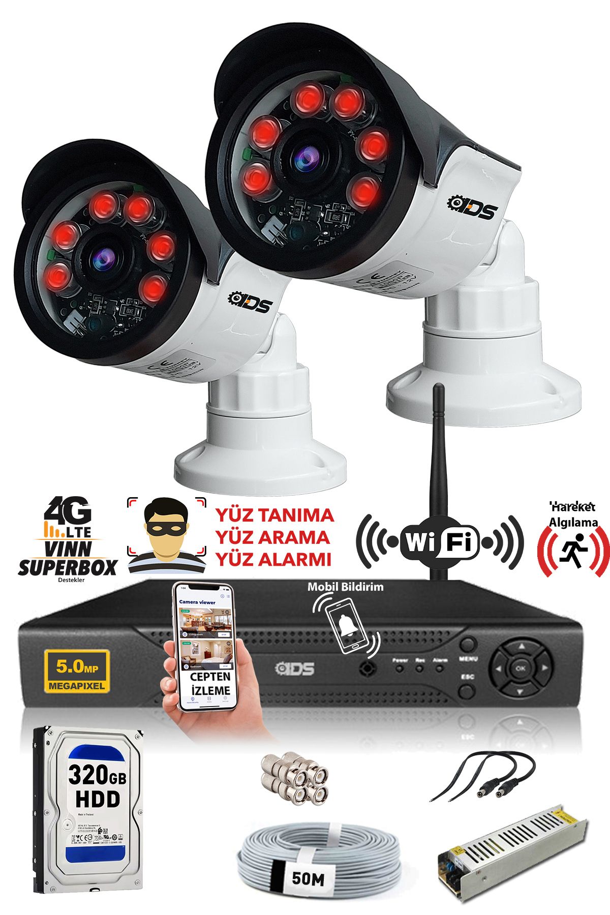 IDS 2 Kameralı Set - 5mp Sony Lensli Full Hd Gece Görüşlü Güvenlik Kamerası Sistemi - Cepten Izle