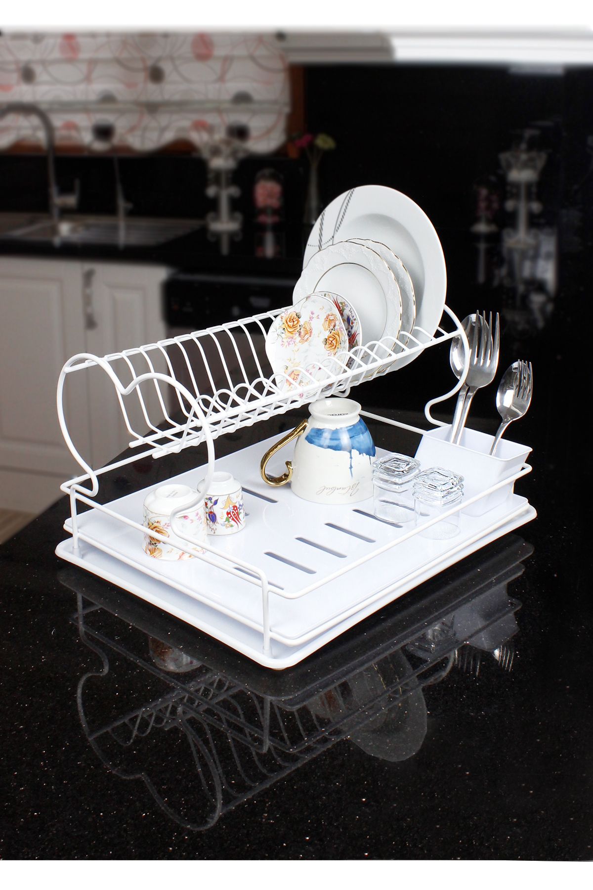 HIMYHOME Kristal Tepsili Modern Paslanmaz Bulaşıklık Katlı Beyaz Tabaklık Bulaşık Sepeti Mutfak Düzenleyici