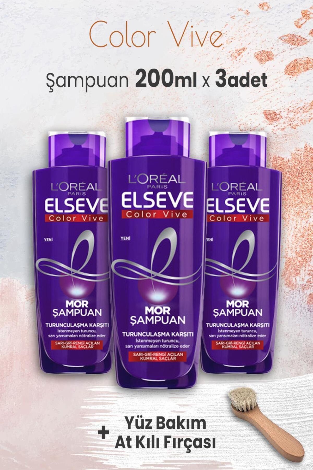 Elseve Color Vive Mor Şampuan 200 ml x 3 Adet ve Yüz Bakım At Kılı Fırçası
