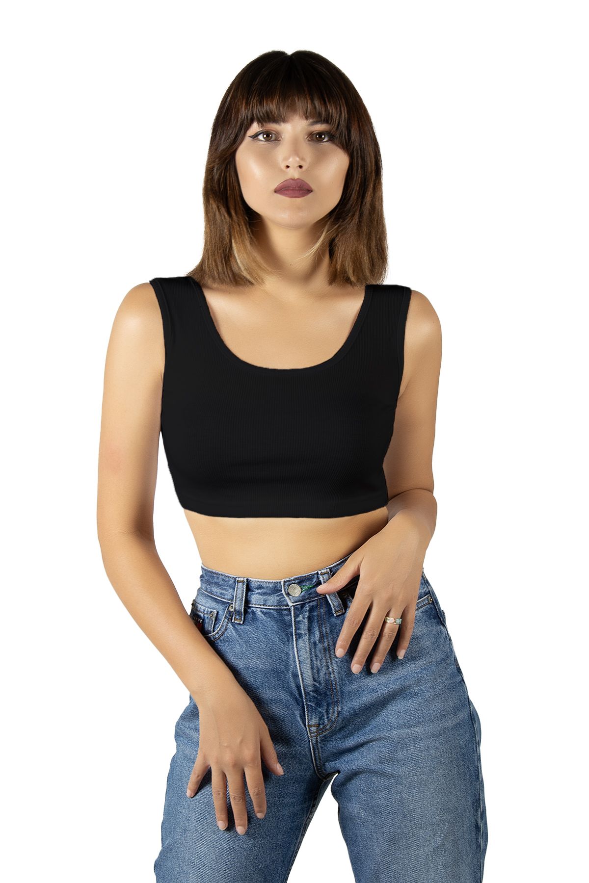 Terapi Men Siyah Geniş Askılı Fitted/Vücuda Oturan Fitilli Crop Top Atlet