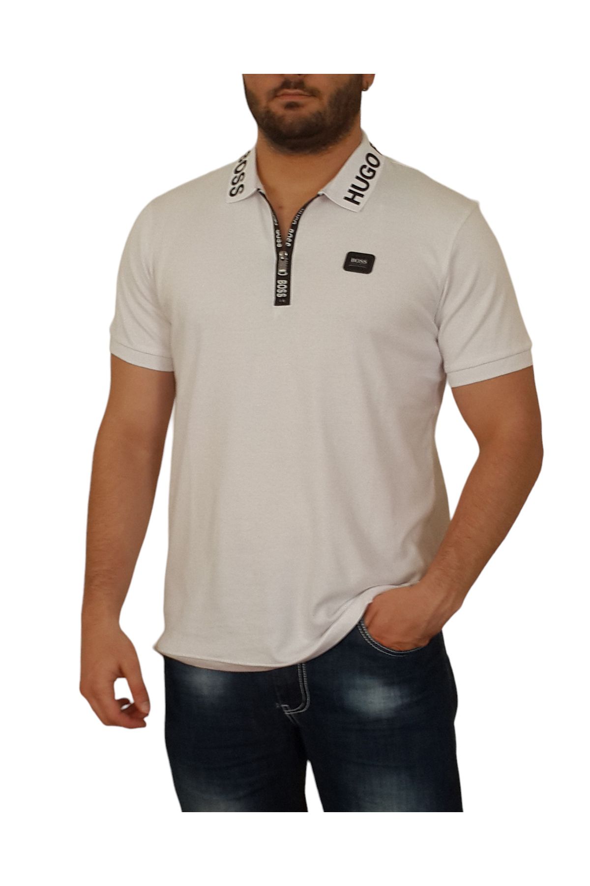 More Erkek Polo Yakalı Yakası Fermuarlı Kısa Kollu Beyaz Pamuklu Tişört