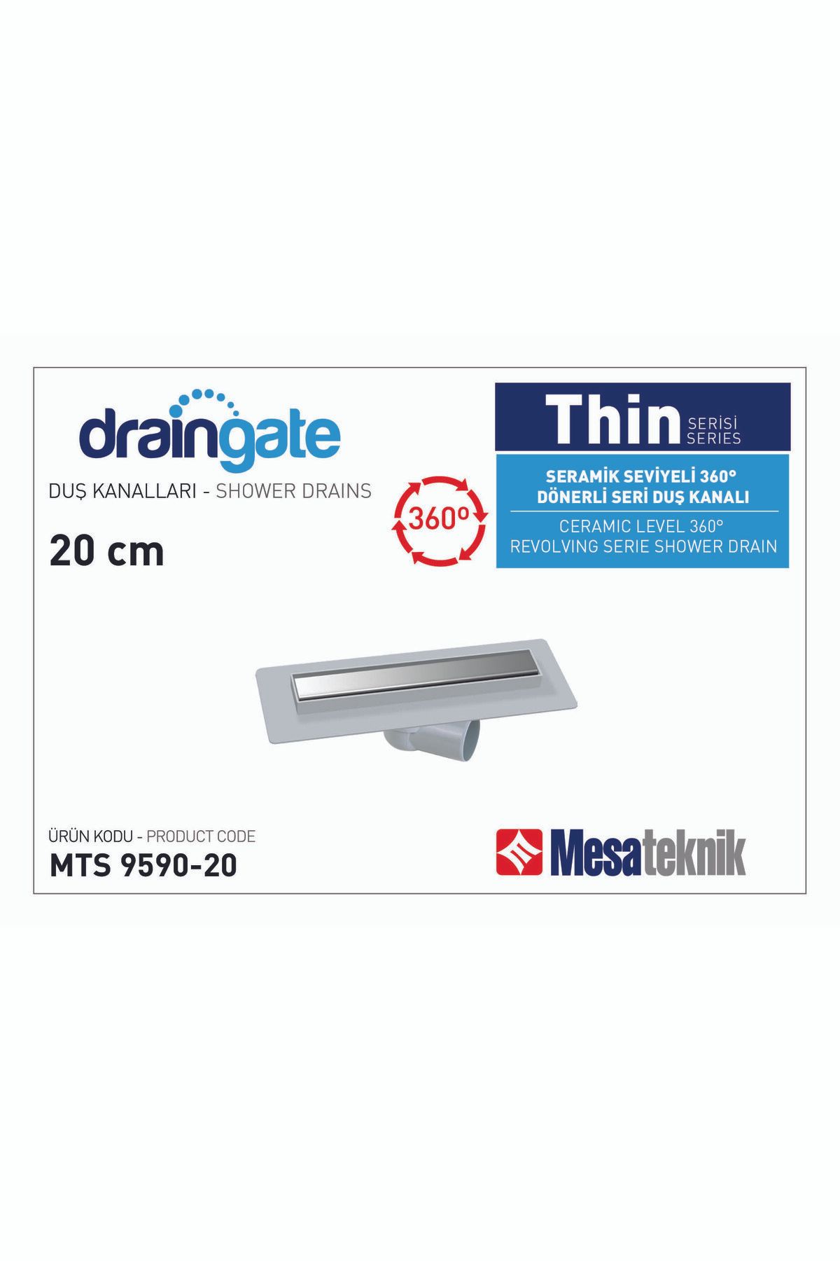 Mesateknik Draingate® Thin Serisi Seramik Seviyeli 360° Dönerli Seri Duş Süzgeci 20cm