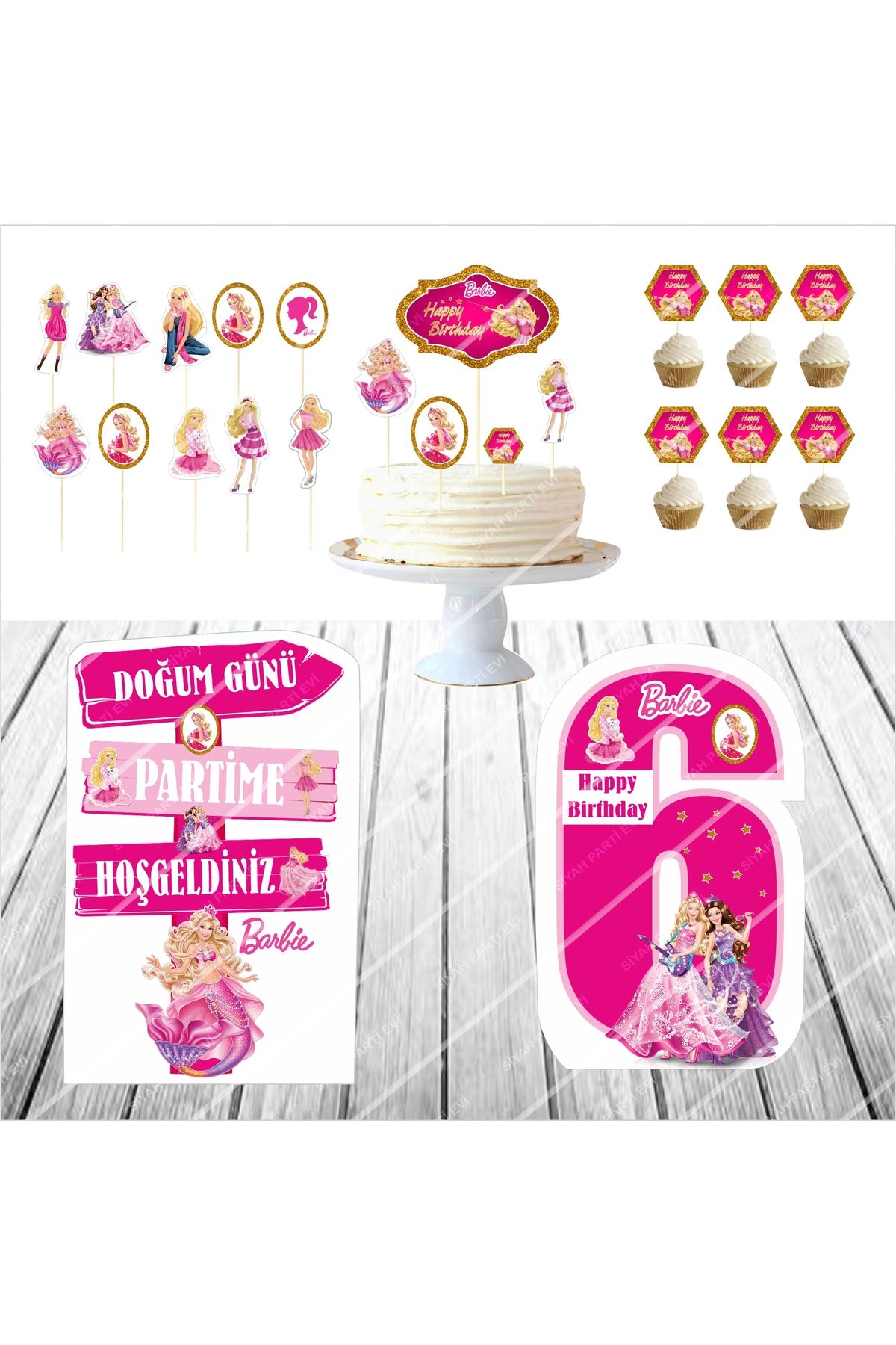 SİYAH PARTİ EVİ Barbie 6 Yaş Doğum Günü Maketi / Pasta Süsü Seti