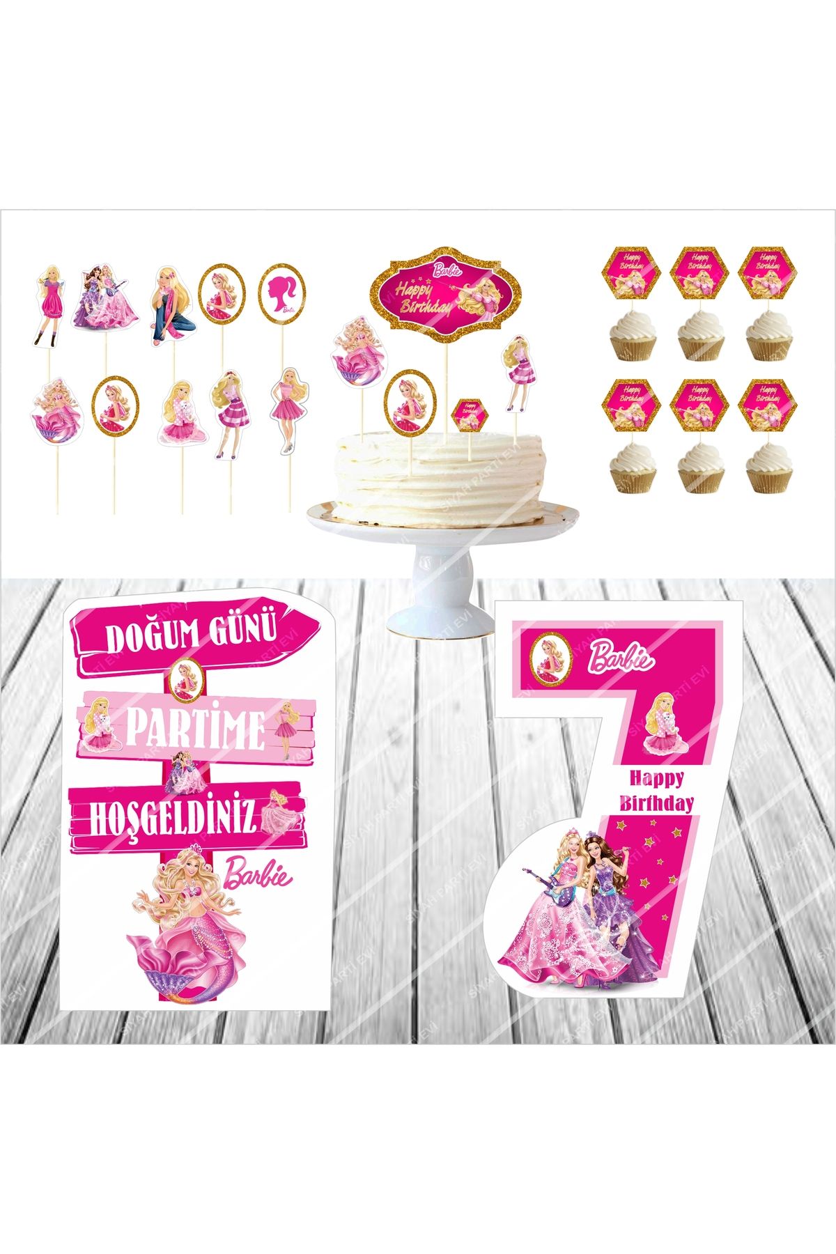 SİYAH PARTİ EVİ Barbie 7 Yaş Doğum Günü Maketi / Pasta Süsü Seti