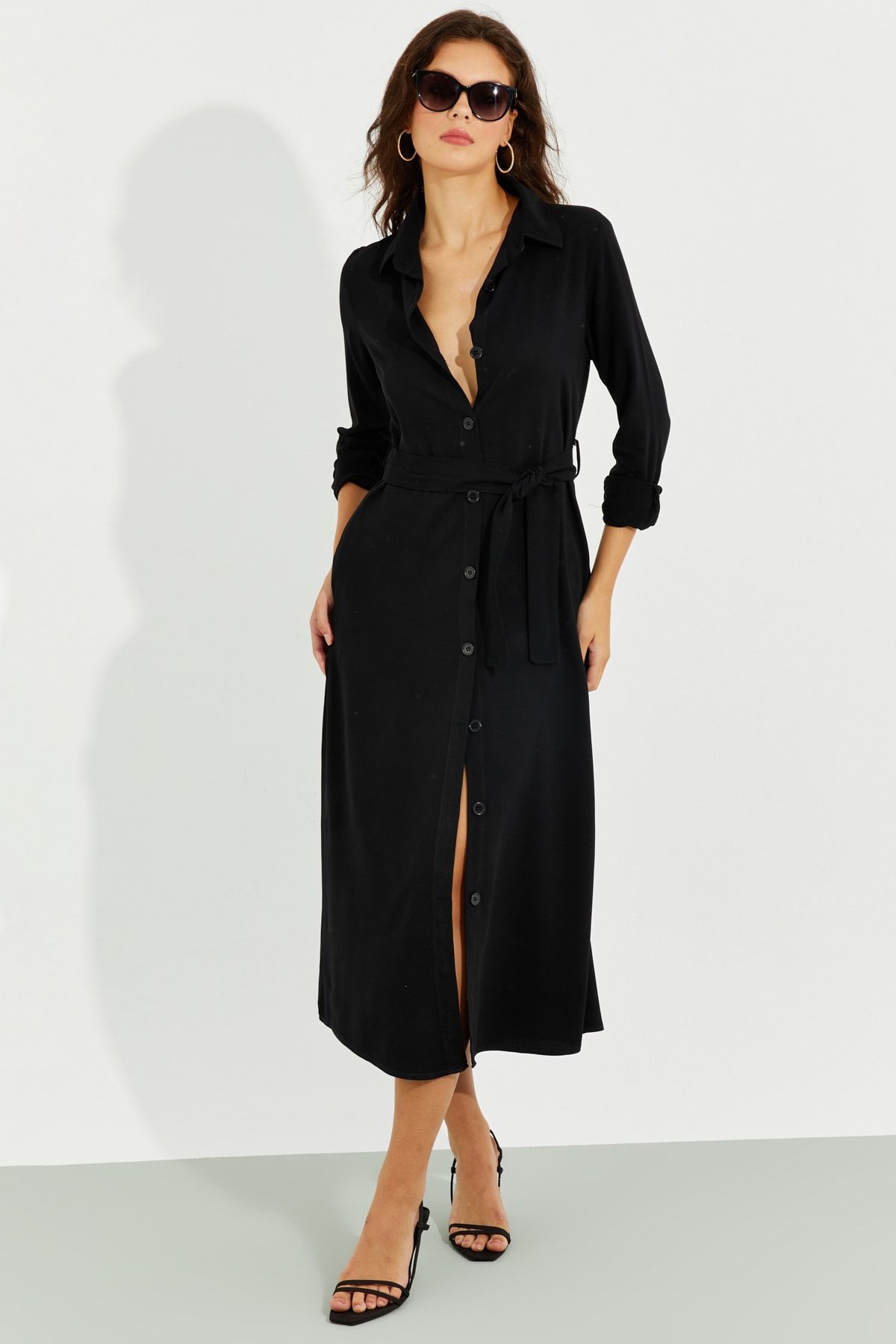 Cool & Sexy Kadın Siyah Cepli Gömlek Midi Elbise BK1683