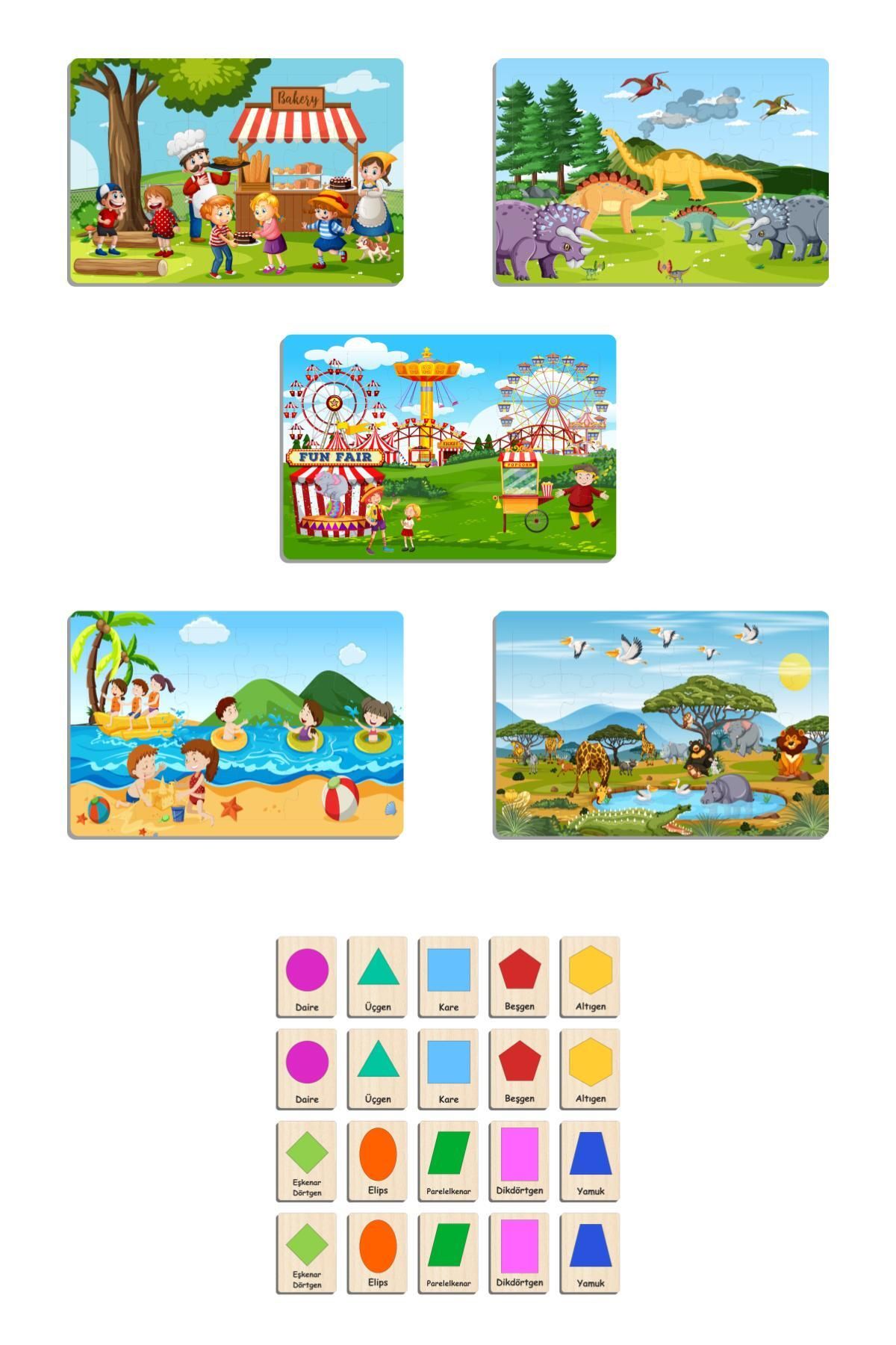 Ahtek Ahşap Çocuk Yapboz Puzzle Seti 5’li + Eşleştirme Oyunu Hafıza Kartları (geometrik Şekiller)m1