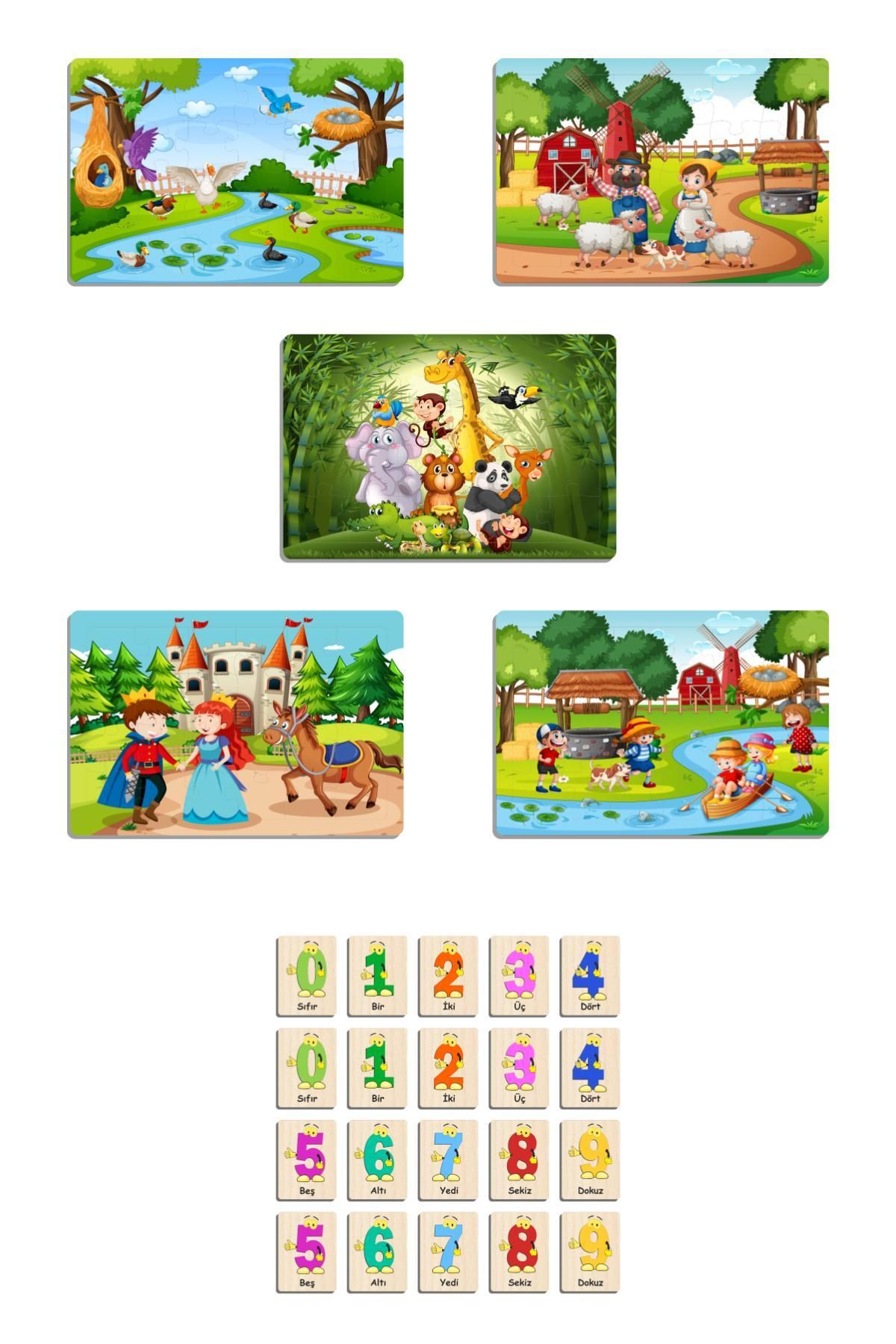Ahtek Ahşap Çocuk Yapboz Puzzle Seti 5’li Eşleştirme Oyunu Hafıza Kartları Sevimli Rakamlar Sayılar m2