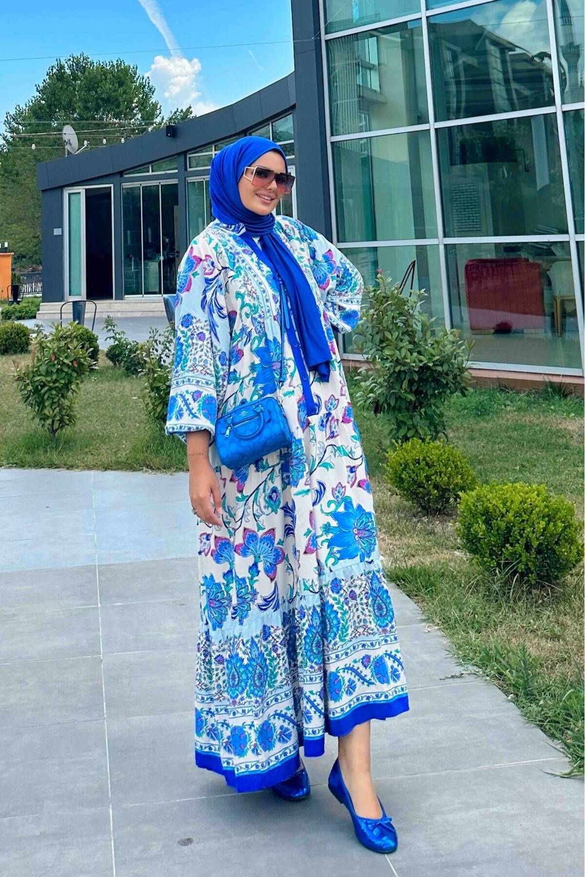 Qenz Katleya Desen Elbise - Mavi