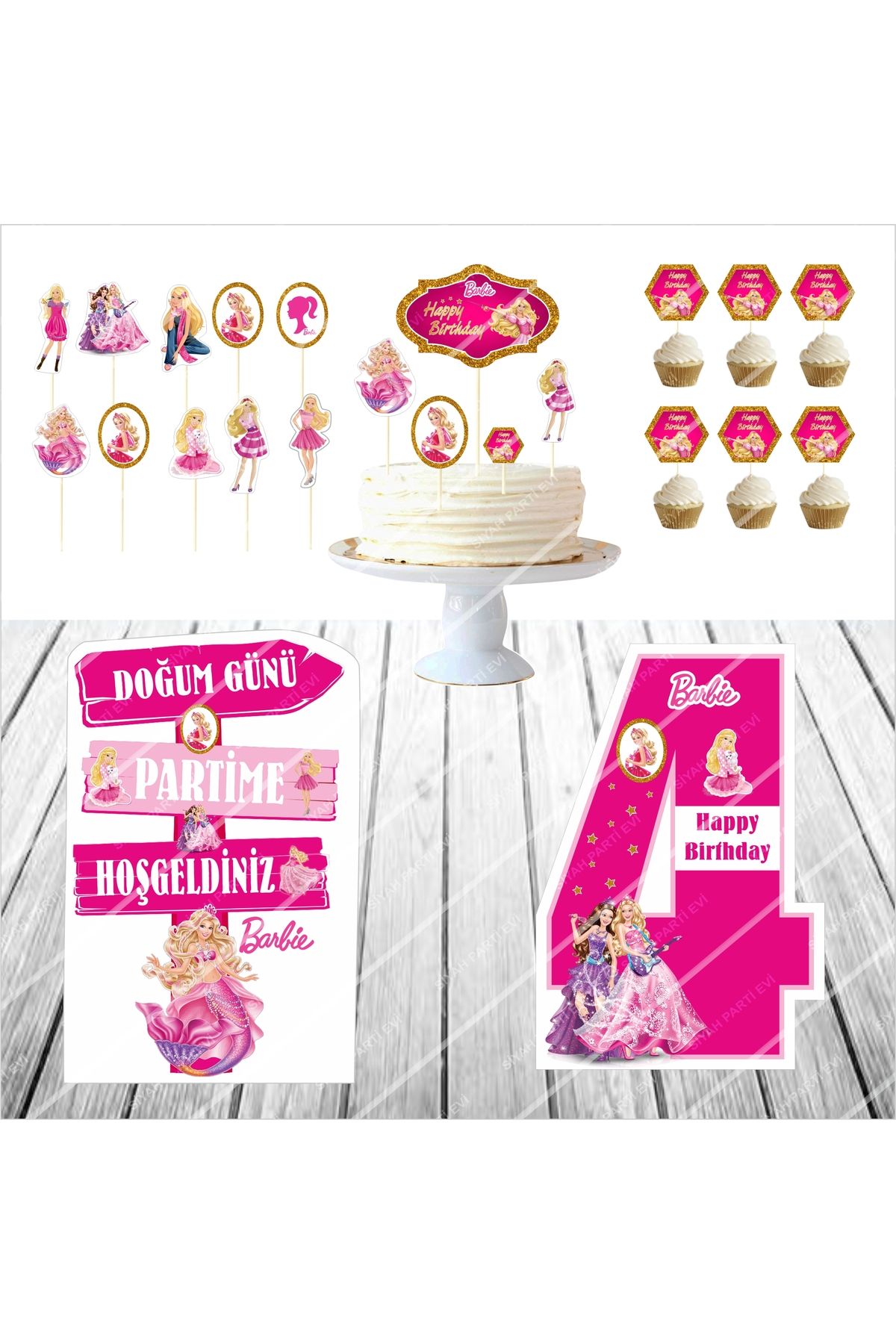 SİYAH PARTİ EVİ Barbie 4 Yaş Doğum Günü Maketi / Pasta Süsü Seti
