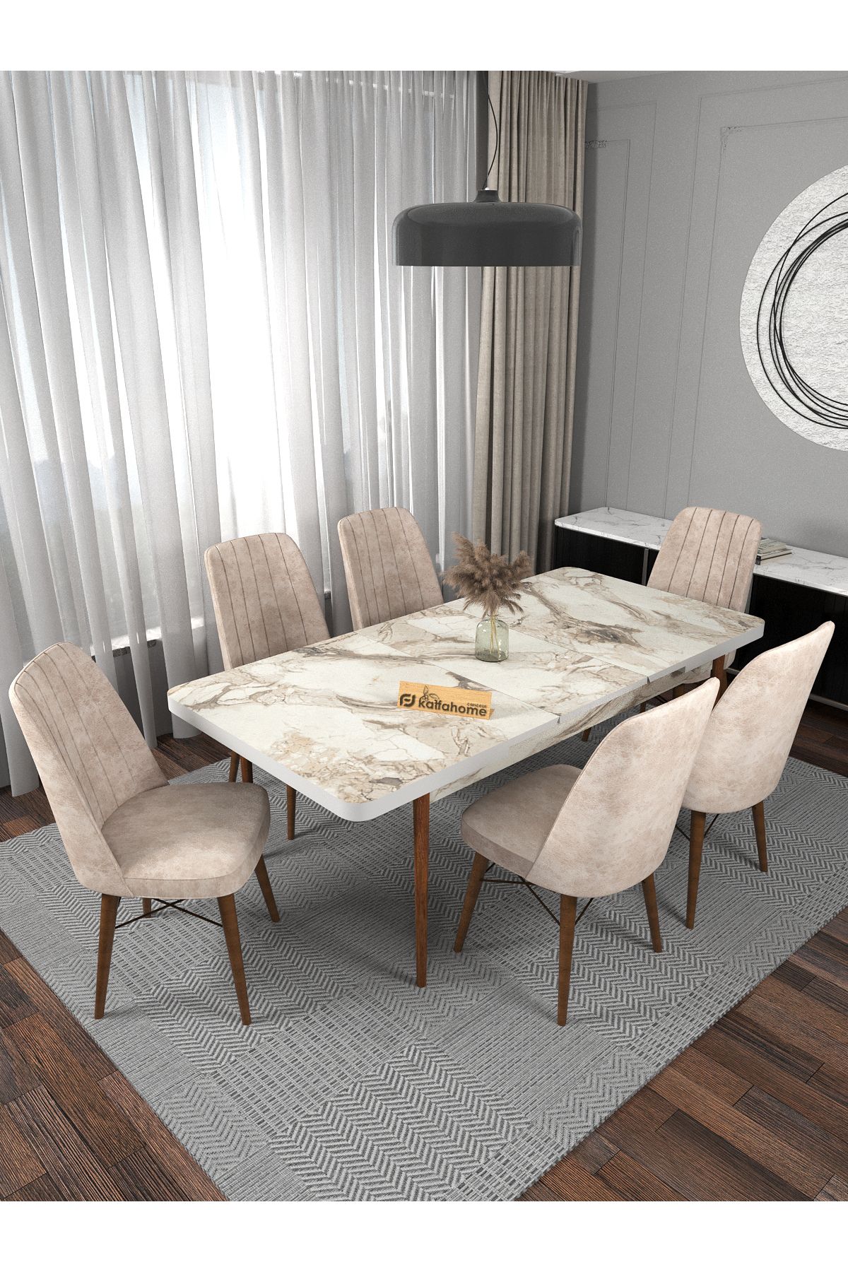 Kaffahome Riff Serisi Efes 80x130 Açılır Yemek Masası , Yemek Masa Takımı 6 Krem Sandalye