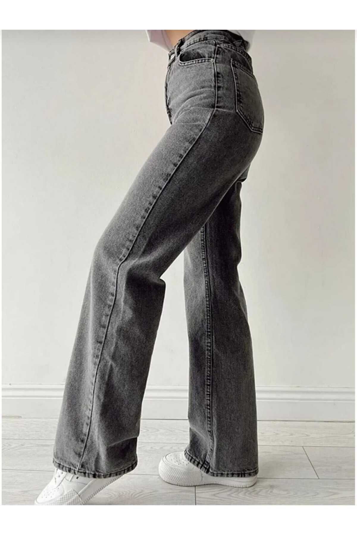 geenz manifacture Santaclara 90's Kar Yıkama Kar Gri Likralı Süper Yüksek Bel Wide Leg Salaş Jeans Palazzo Pantolon
