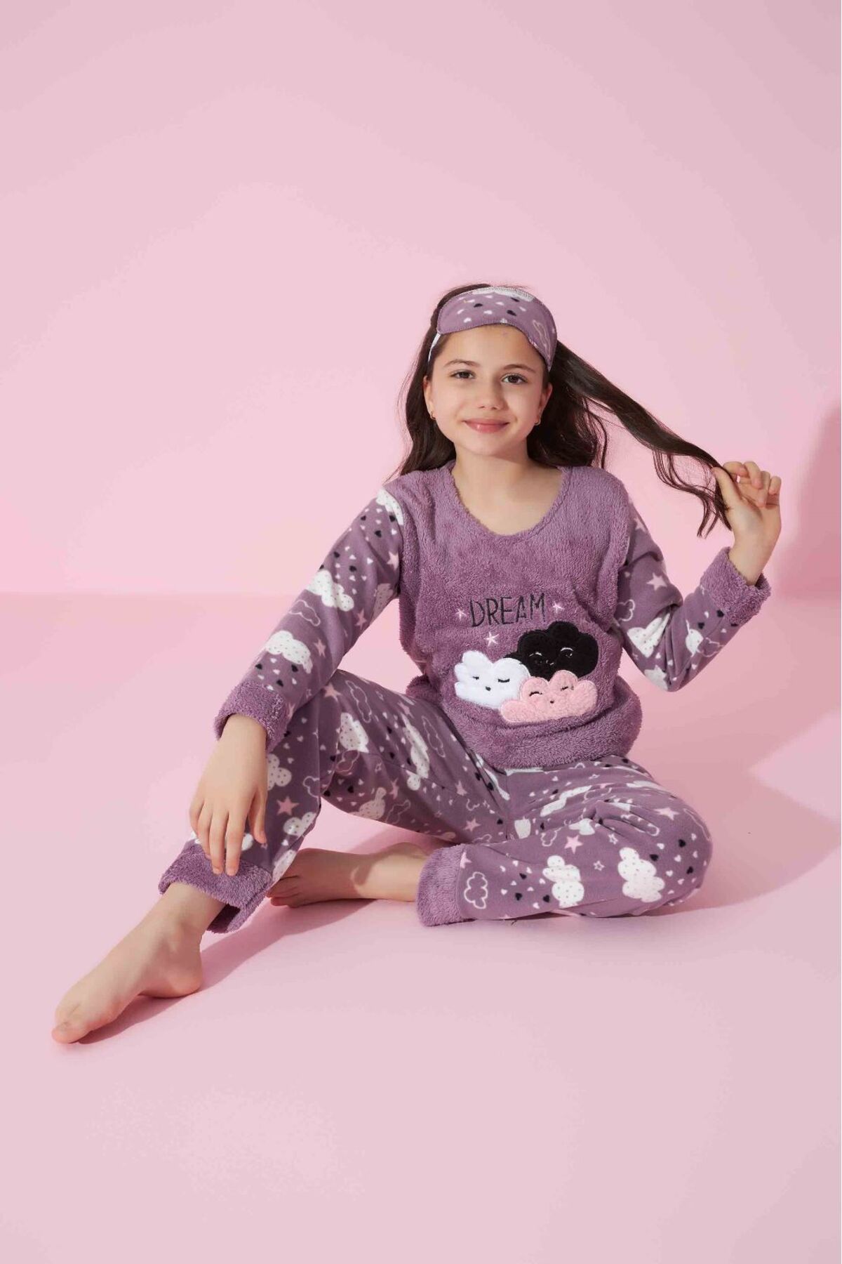 Tarık Kız Çocuk Gez Boy Bulut Desen Mor Kışlık Polar Pijama Takımı -2302