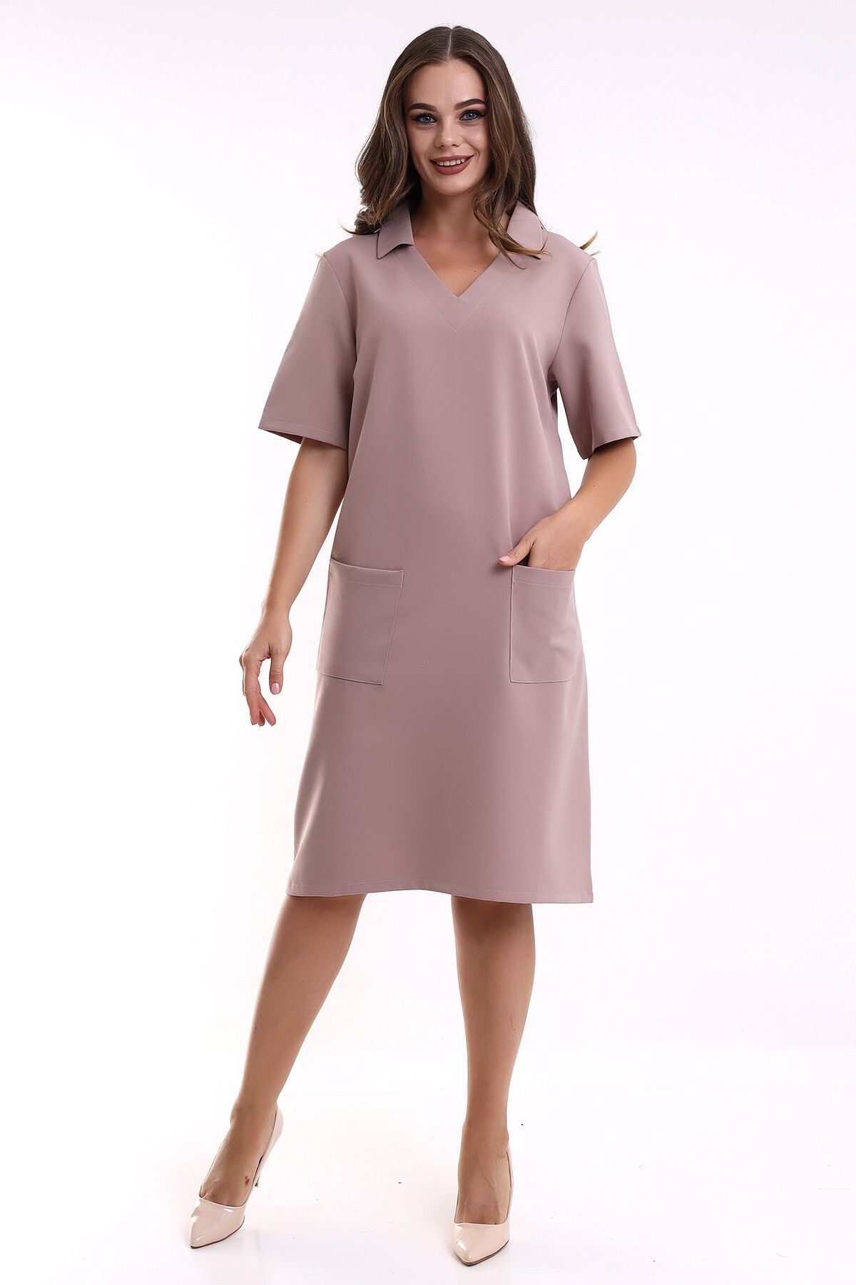 Schik Kadın Yakalı İki Cepli Krep Elbise Vizon
