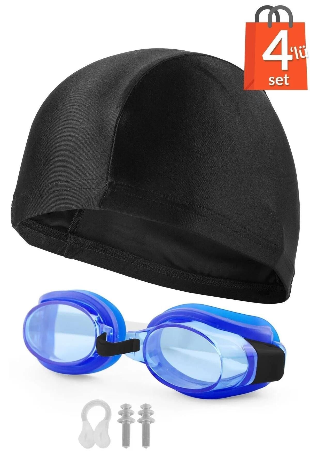 Ozsport 4lü Set Yüzücü Gözlüğü Kumaş Bone Kulak Ve Burun Tıkaçlı Set Yüzme Havuz Deniz Gözlüğü Mavi