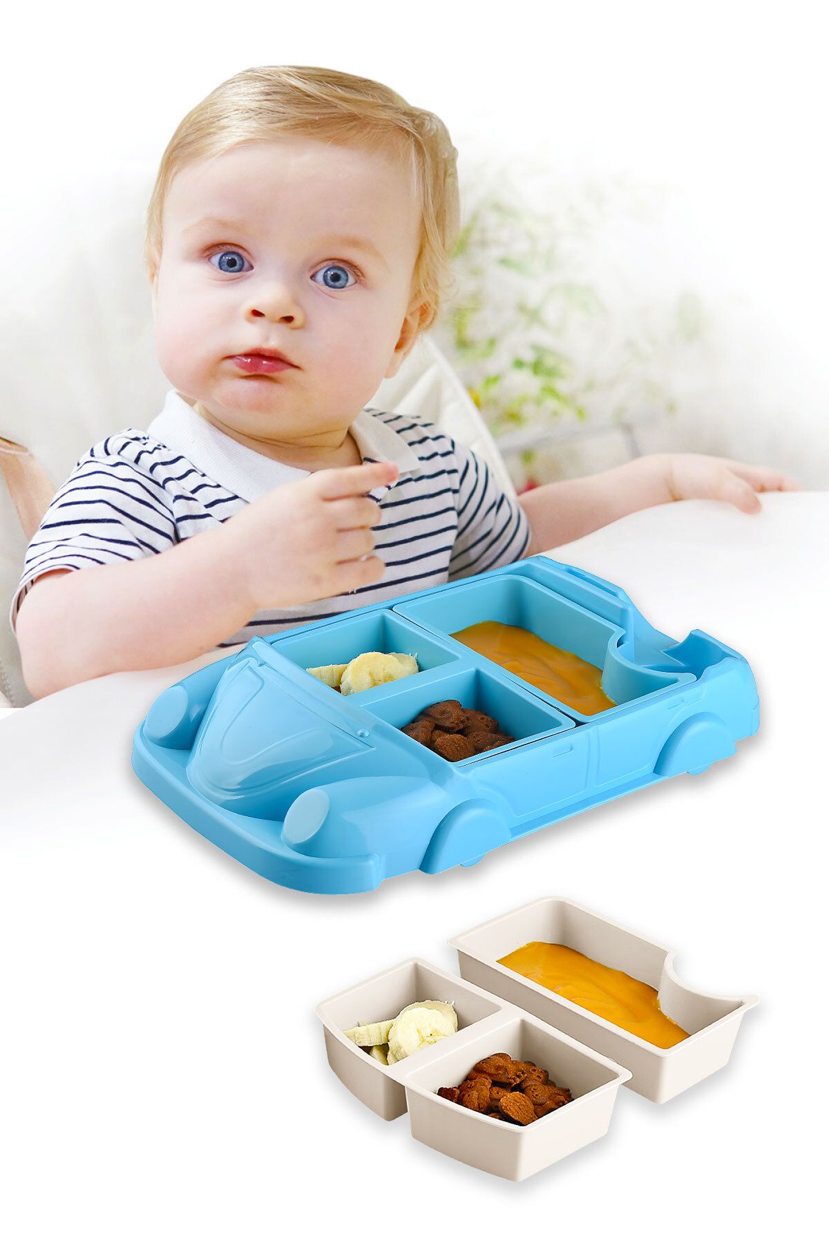 FERHOME Araba Model Mama Tabağı Seti 8 Bölmeli Çocuk Bebek Beslenme Sofra Mutfak Tabak