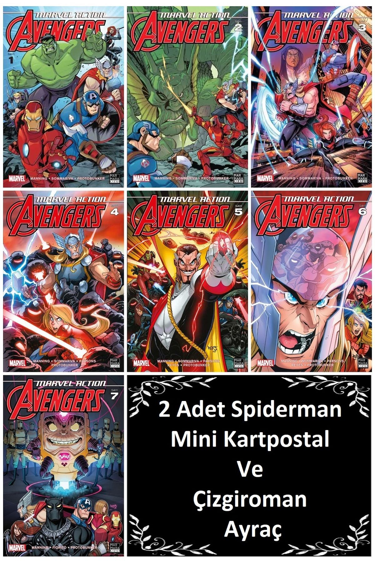 Marmara Çizgi Yayınları Marvel Action Avengers (1-7) Çizgiroman | Spiderman Mini Kartpostal Ve Çizgiroman Ayraç